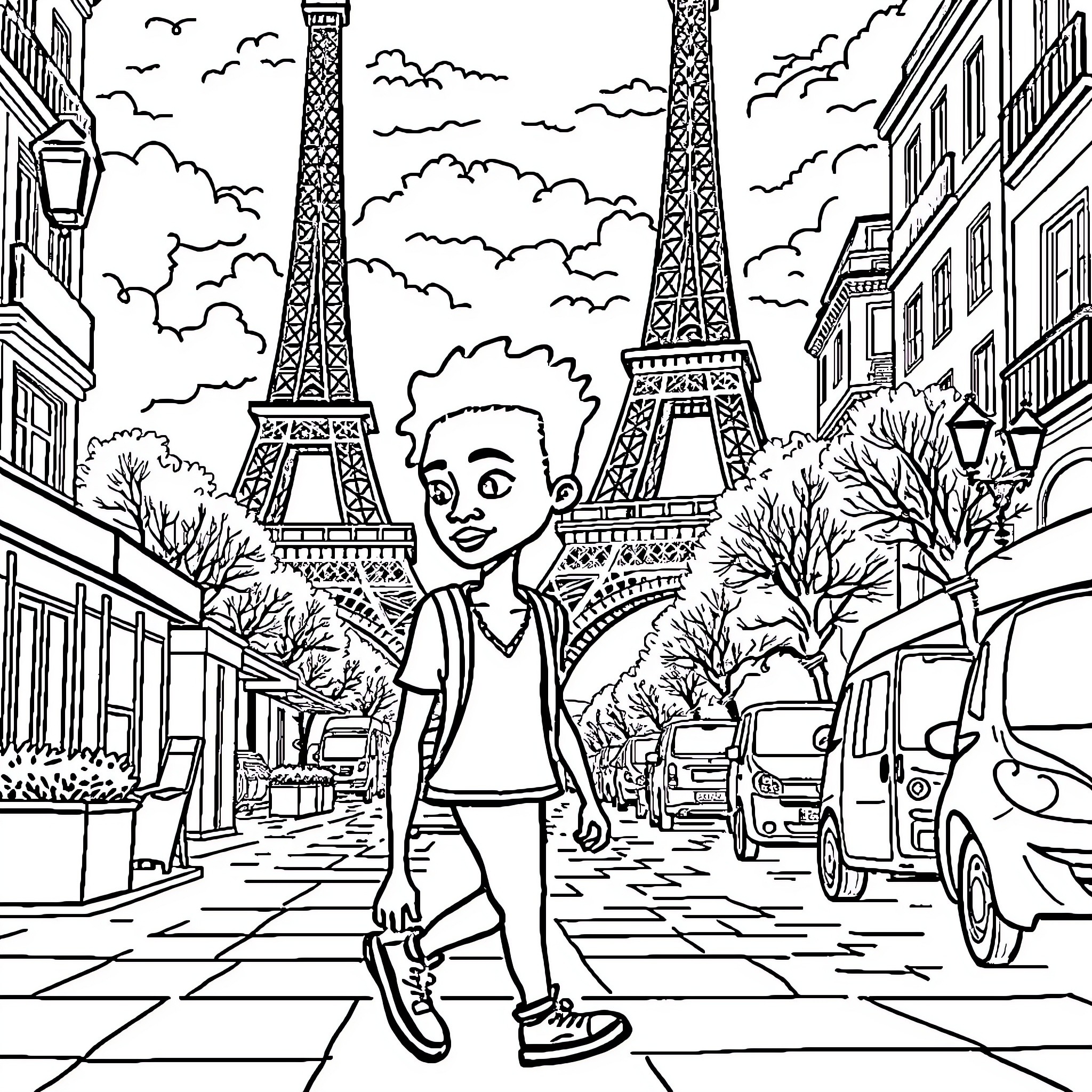 Eto'o strolling through the lively Parisian streets Coloring Page (free black-and-white line drawing printable PDF for all, from beginners to advanced learners, including children, teens, adults, and seniors)