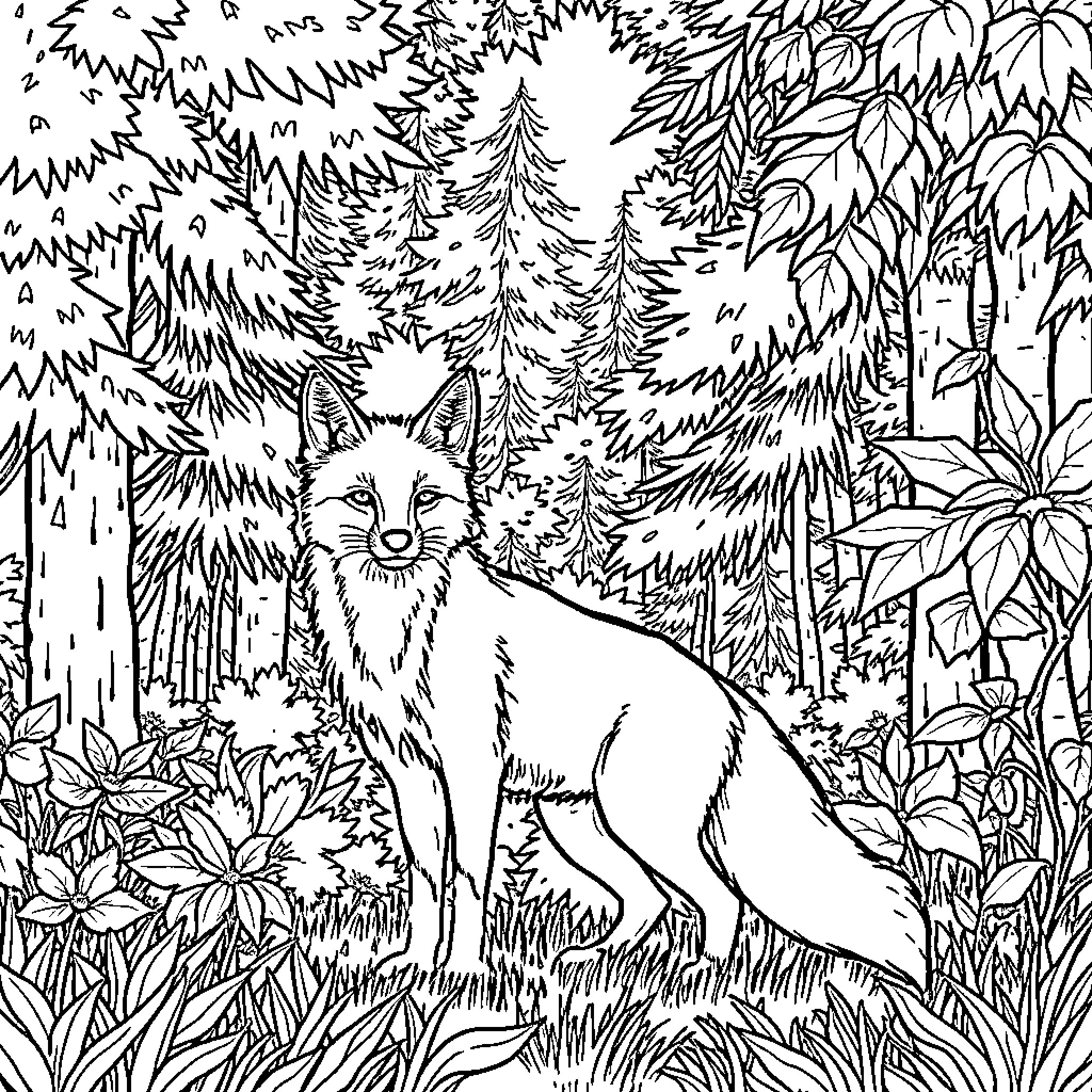 Fox exploring the enchanted forest Coloring Page (free black-and-white line drawing printable PDF for all, from beginners to advanced learners, including children, teens, adults, and seniors)