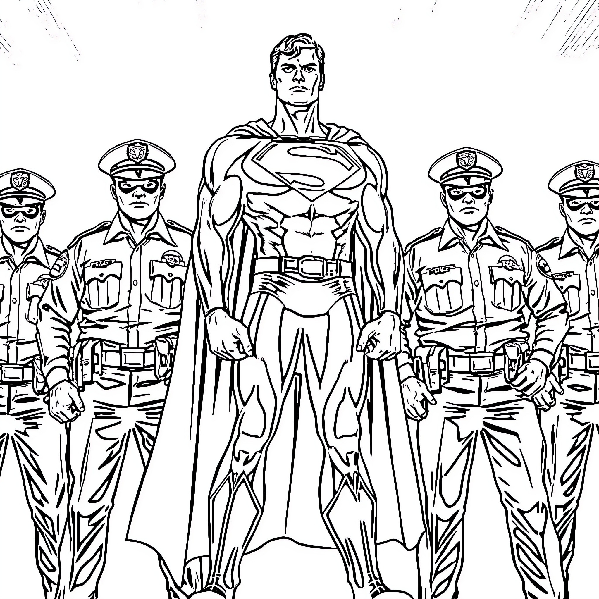 Superman leading a group of police officers Coloring Page (free black-and-white line drawing printable PDF for all, from beginners to advanced learners, including children, teens, adults, and seniors)
