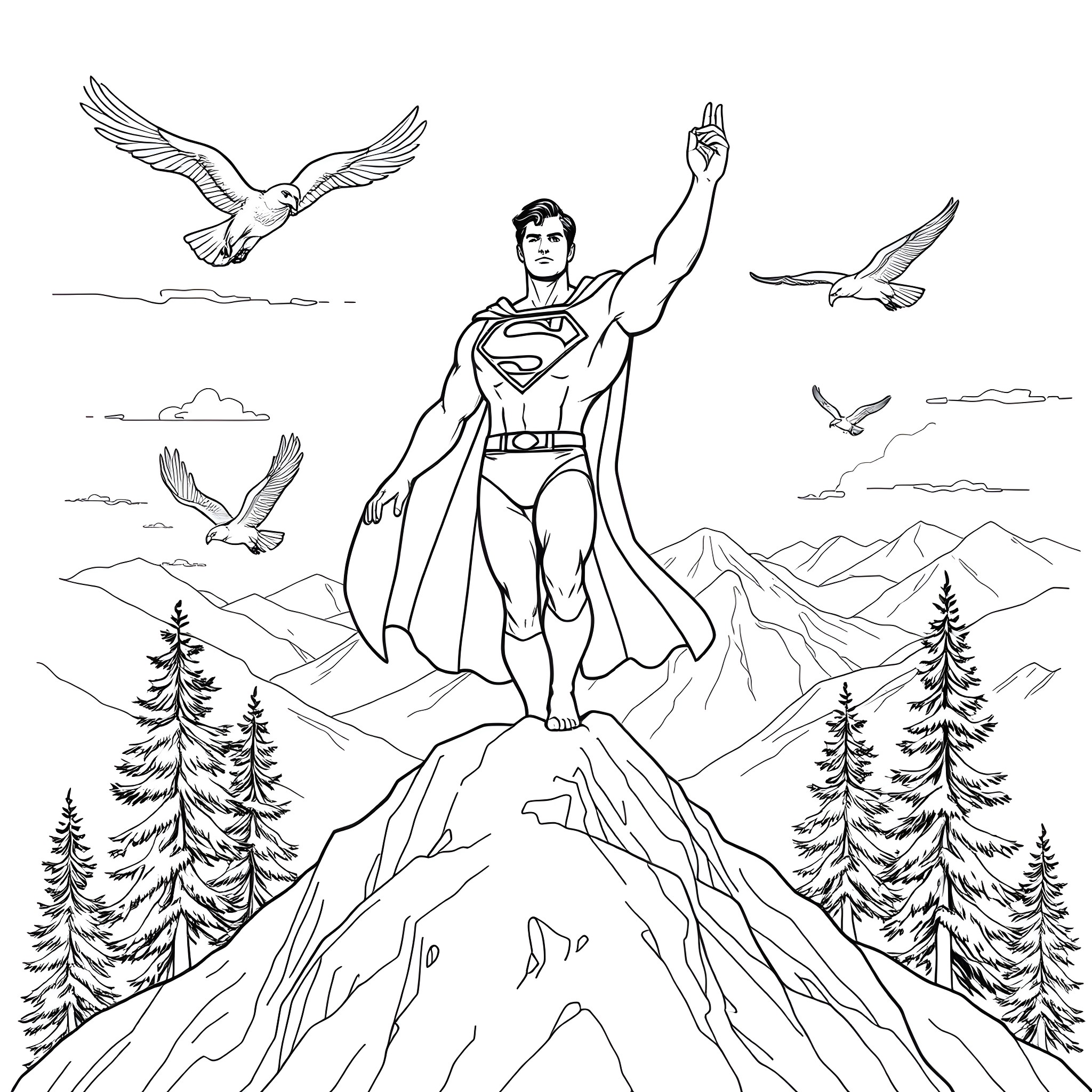 Superman triumphantly standing on a mountain peak Coloring Page (free black-and-white line drawing printable PDF for all, from beginners to advanced learners, including children, teens, adults, and seniors)
