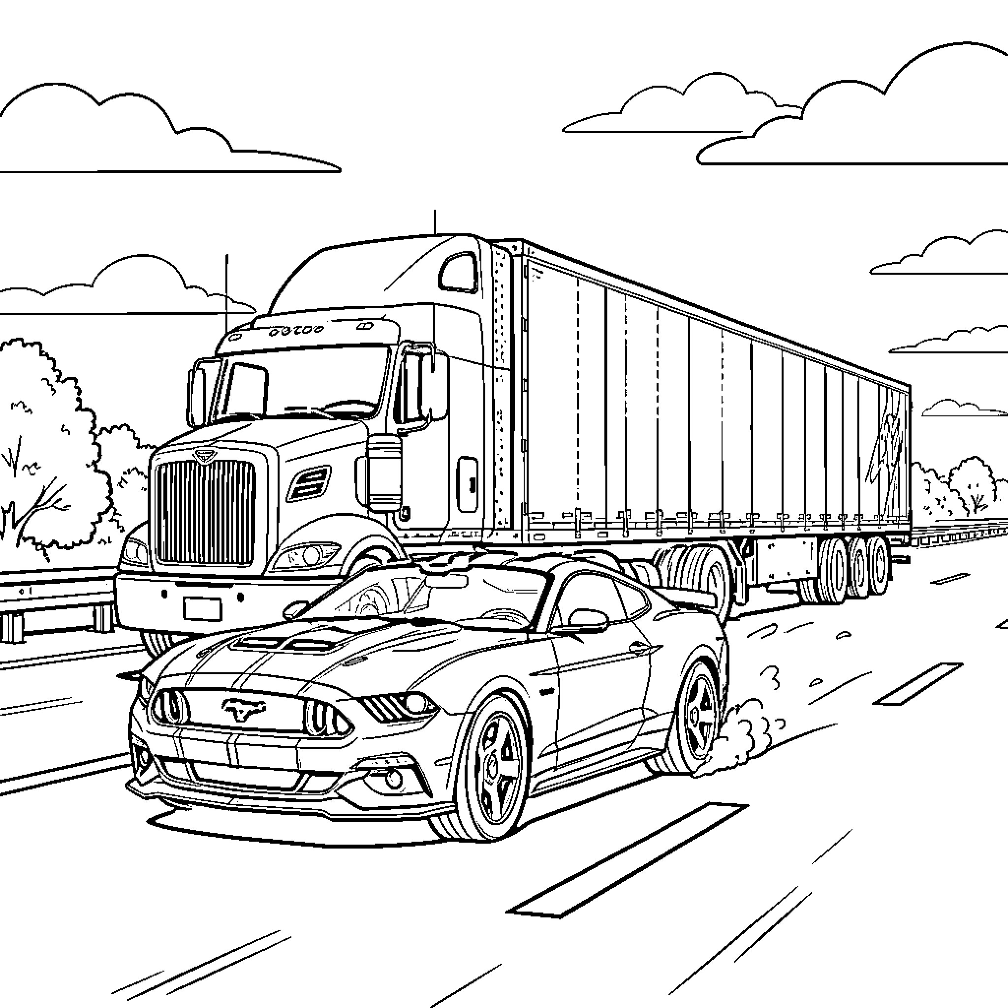 Mustang driving fast on the highway near a truck Coloring Page (free black-and-white line drawing printable PDF for all, from beginners to advanced learners, including children, teens, adults, and seniors)