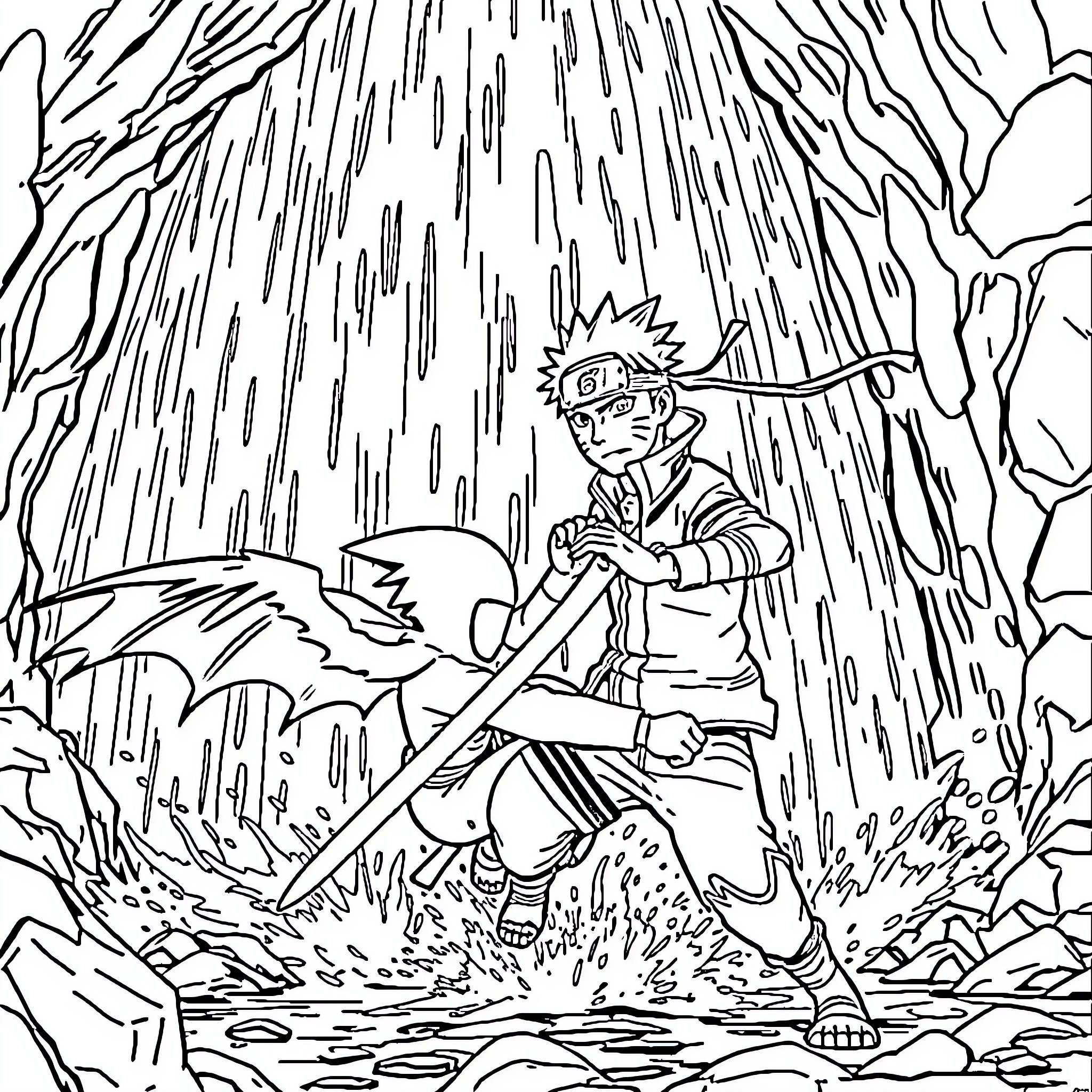 Greninja engaging in intense combat amid the stormy wilderness Coloring Page (free black-and-white line drawing printable PDF for all, from beginners to advanced learners, including children, teens, adults, and seniors)