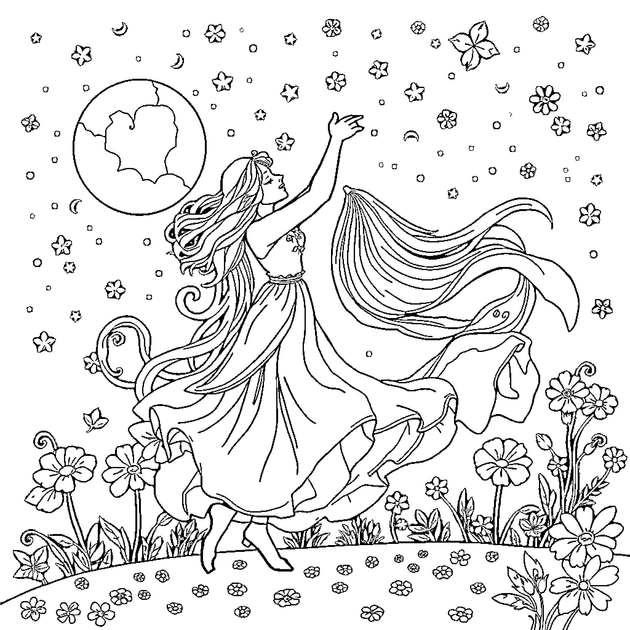 Strumfi's Enchanting Dance Under the Starry Sky Coloring Page (free black-and-white line drawing printable PDF for all, from beginners to advanced learners, including children, teens, adults, and seniors)