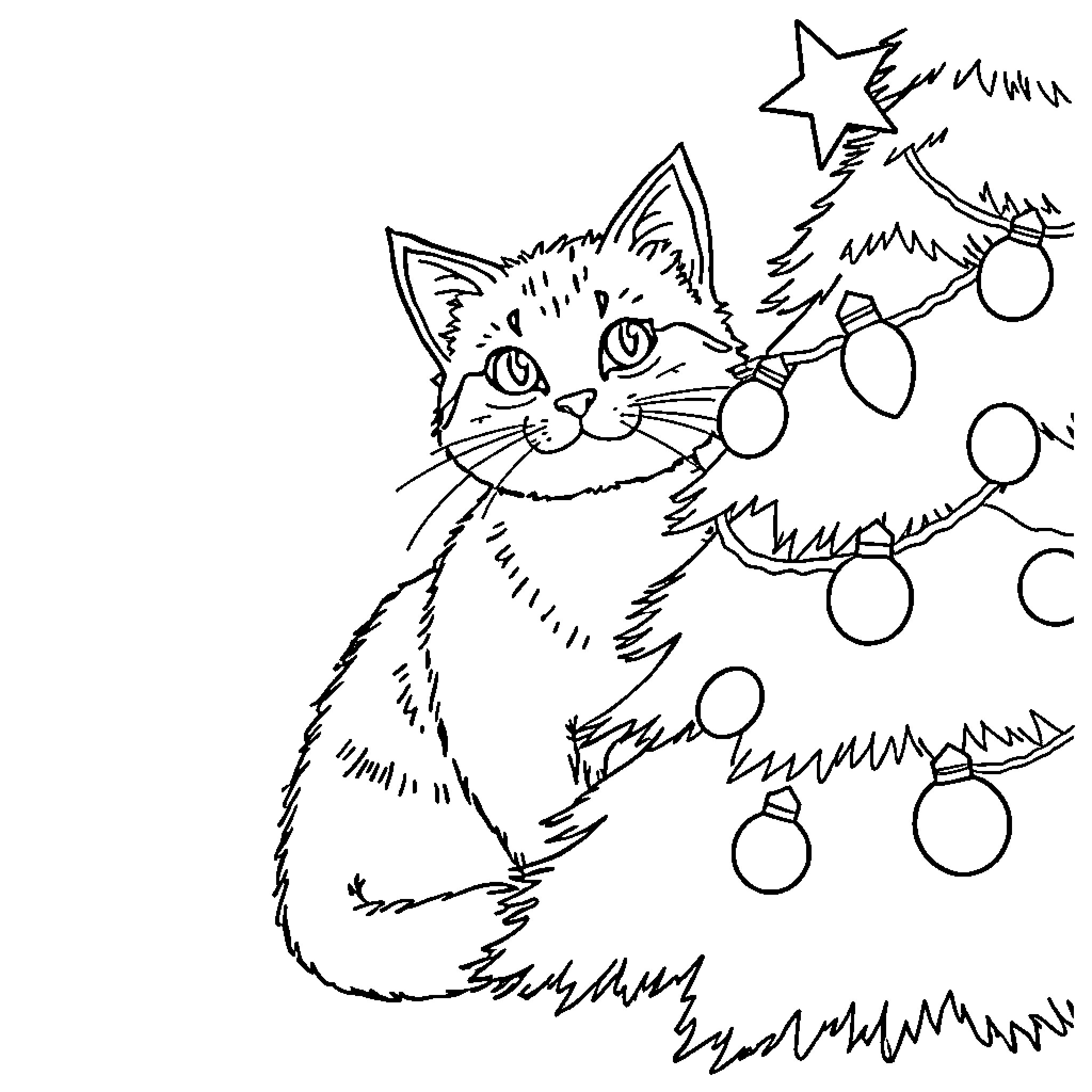 Cat playing with Christmas ornaments Coloring Page (free black-and-white line drawing printable PDF for all, from beginners to advanced learners, including children, teens, adults, and seniors)