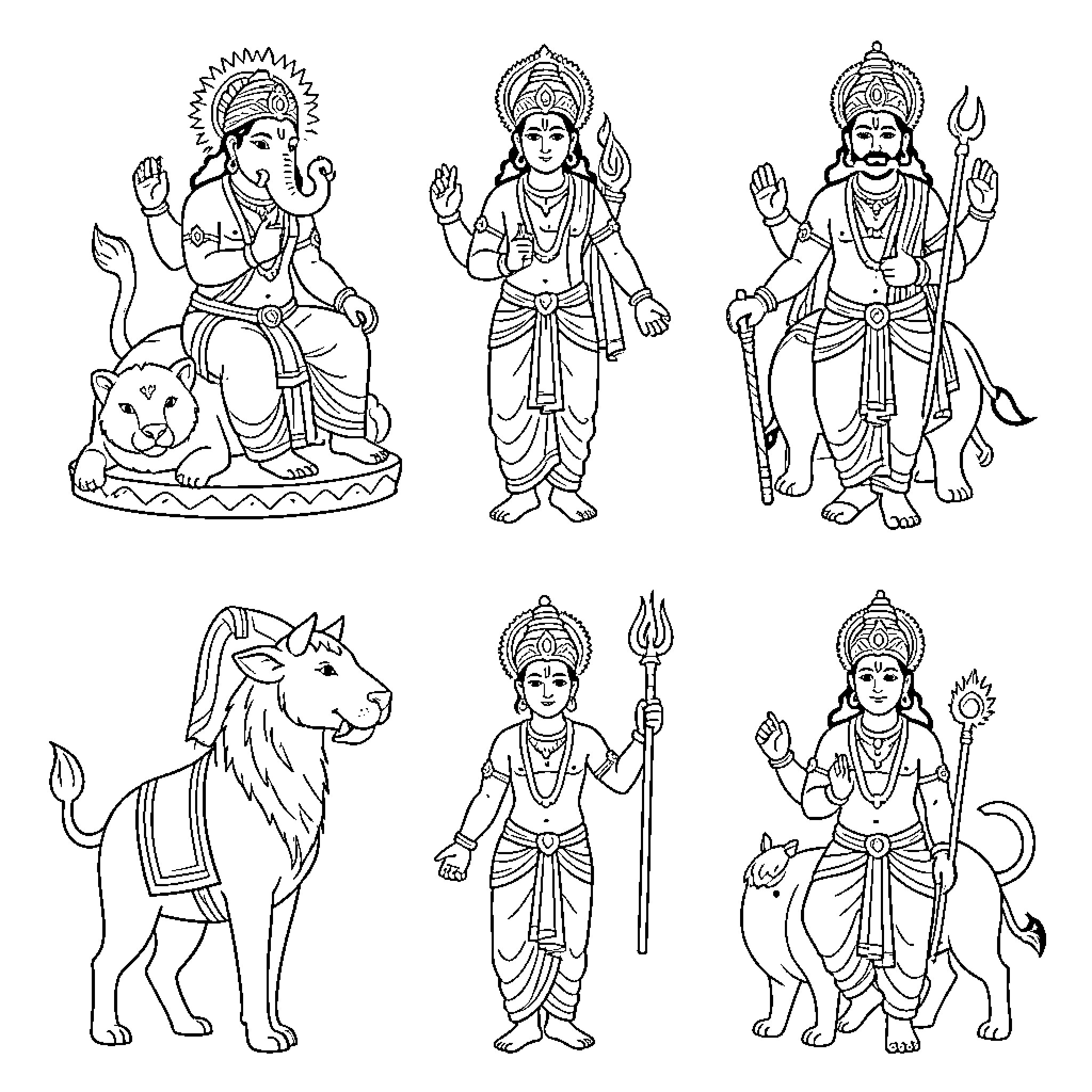 Indian God Figures in Various Poses and Attire Coloring Page (free black-and-white line drawing printable PDF for all, from beginners to advanced learners, including children, teens, adults, and seniors)