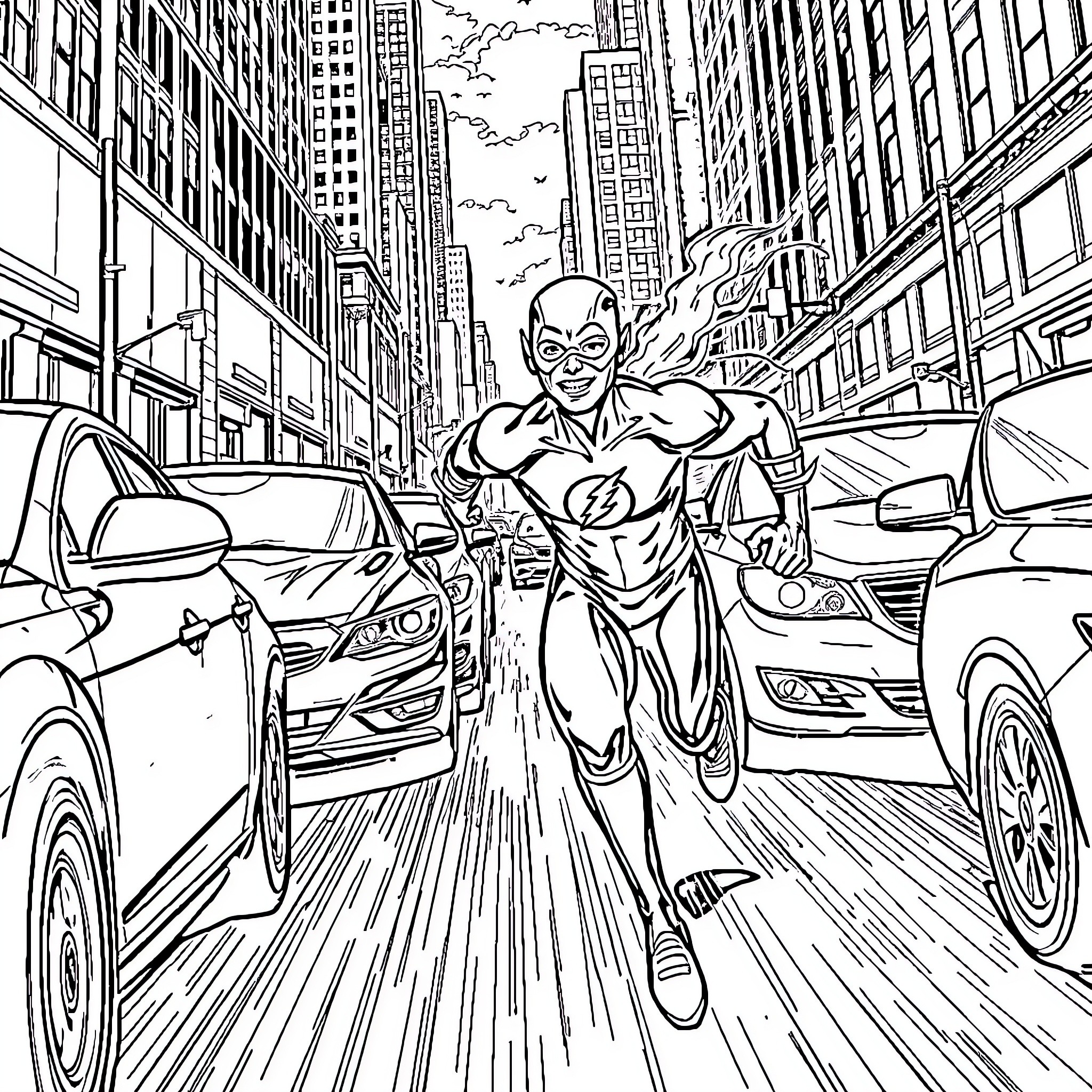 Flash Speeding Through the Bustling City Coloring Page (free black-and-white line drawing printable PDF for all, from beginners to advanced learners, including children, teens, adults, and seniors)