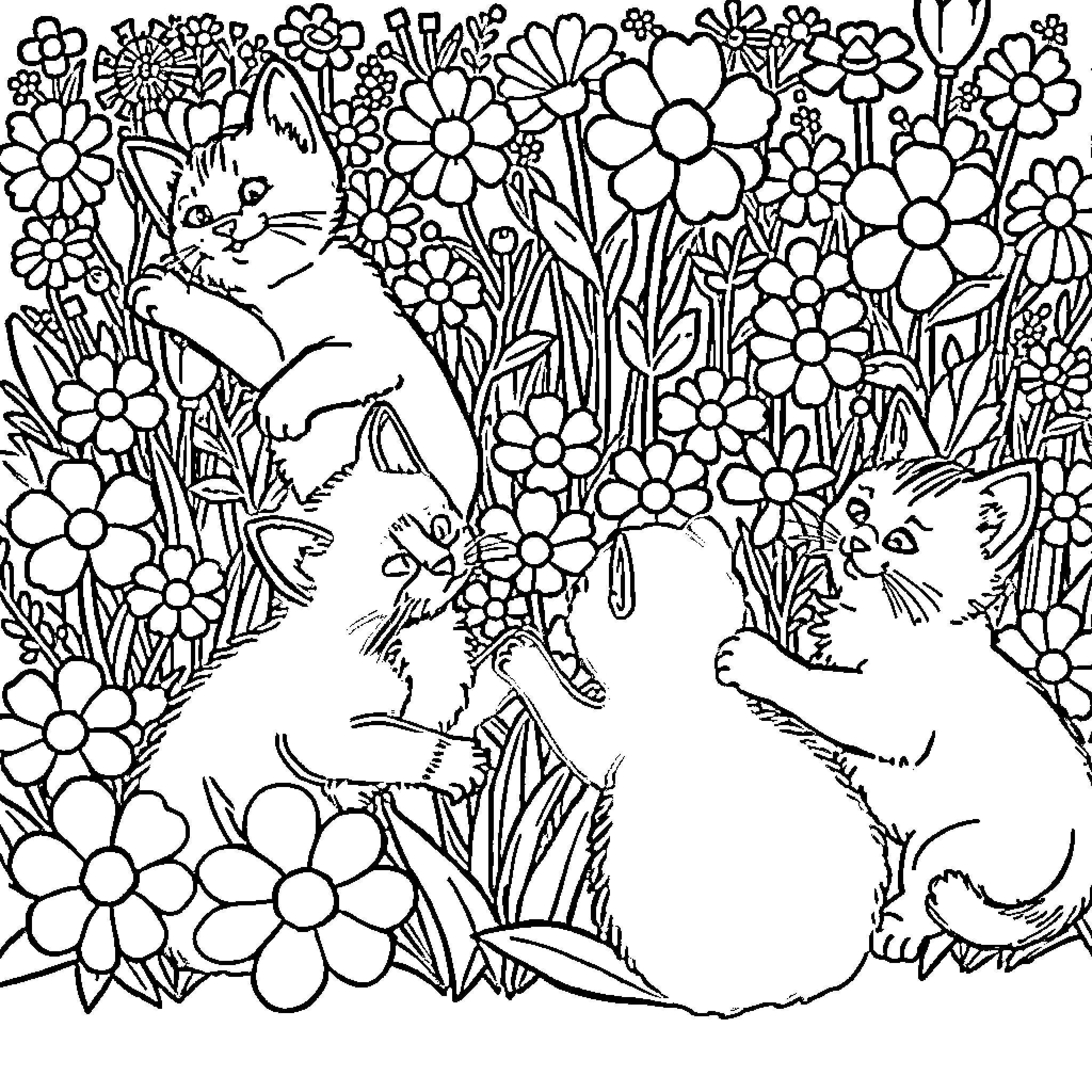 Cats in a Floral Garden Coloring Page (free black-and-white line drawing printable PDF for all, from beginners to advanced learners, including children, teens, adults, and seniors)