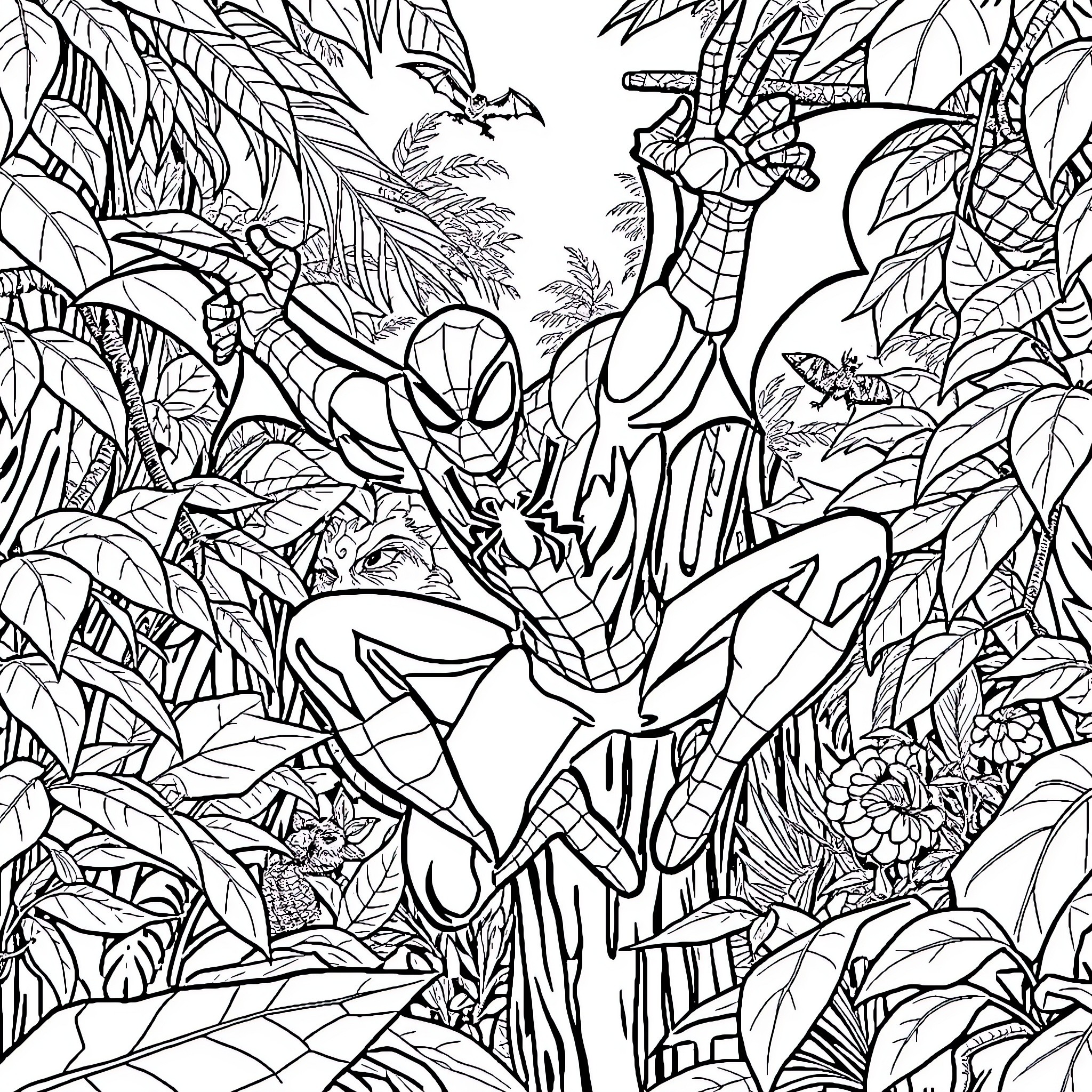 Spiderman's jungle adventure Coloring Page (free black-and-white line drawing printable PDF for all, from beginners to advanced learners, including children, teens, adults, and seniors)