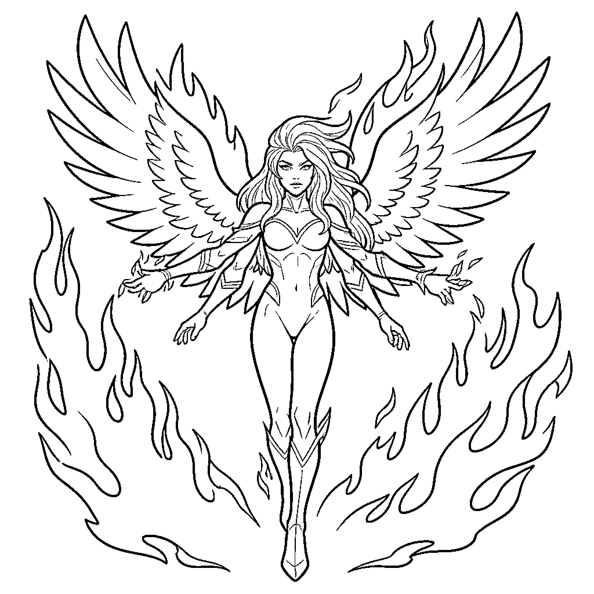 Jean Grey with large wings surrounded by flames Coloring Page (free black-and-white line drawing printable PDF for all, from beginners to advanced learners, including children, teens, adults, and seniors)