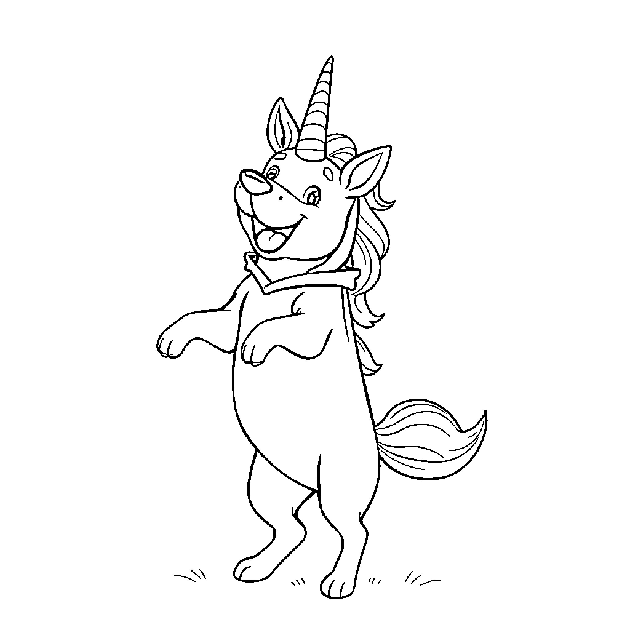 Dog unicorn playing happily in the field Coloring Page (free black-and-white line drawing printable PDF for all, from beginners to advanced learners, including children, teens, adults, and seniors)