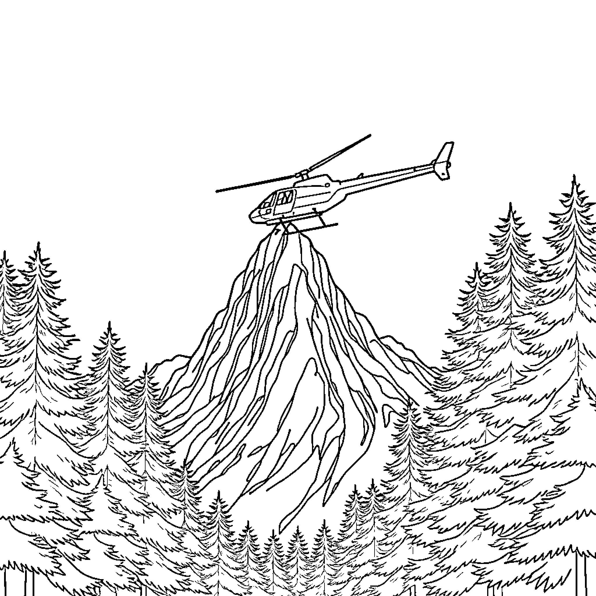 Helicopter flying over snowy mountain landscape Coloring Page (free black-and-white line drawing printable PDF for all, from beginners to advanced learners, including children, teens, adults, and seniors)