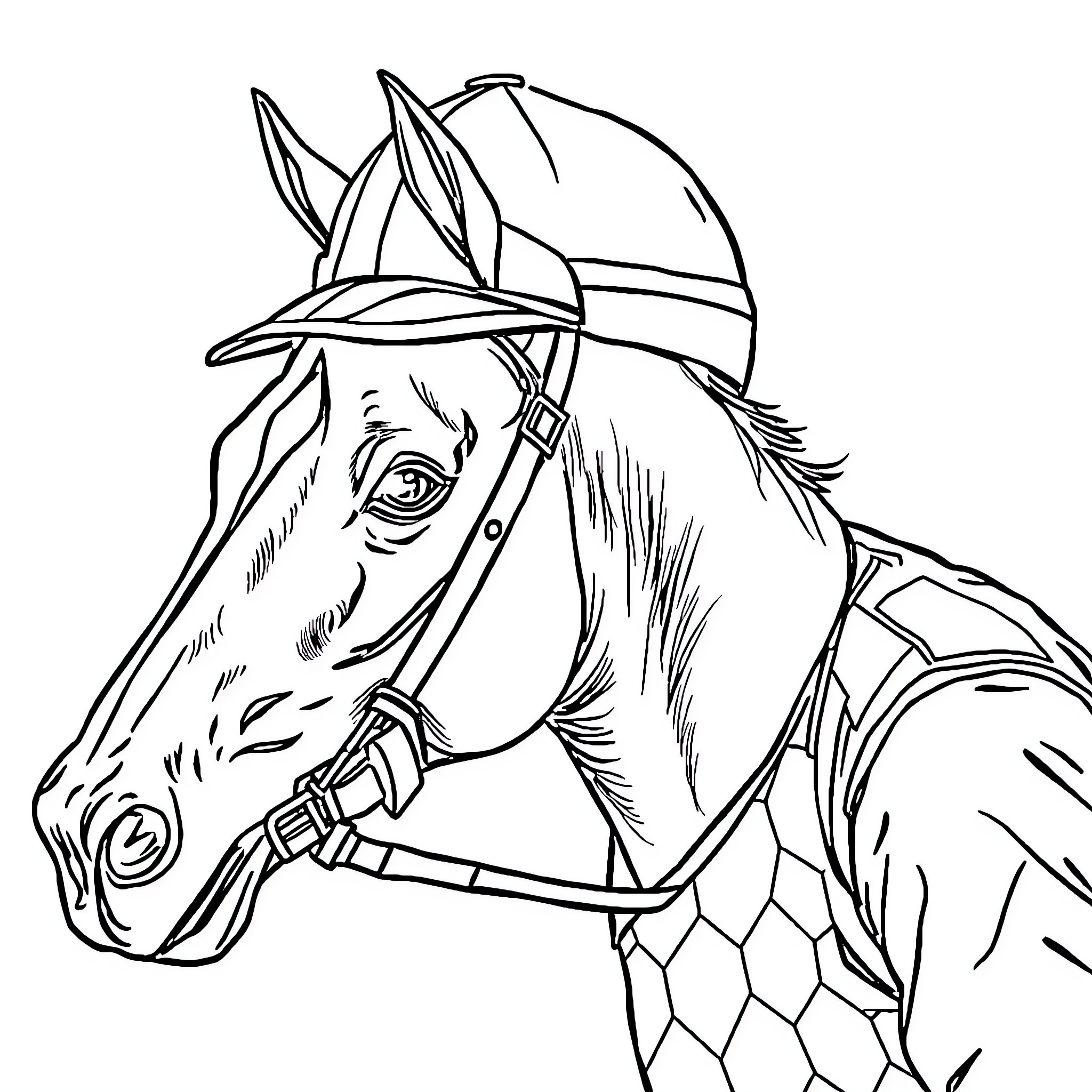 Jockey with helmet and saddle on horse Coloring Page (free black-and-white line drawing printable PDF for all, from beginners to advanced learners, including children, teens, adults, and seniors)