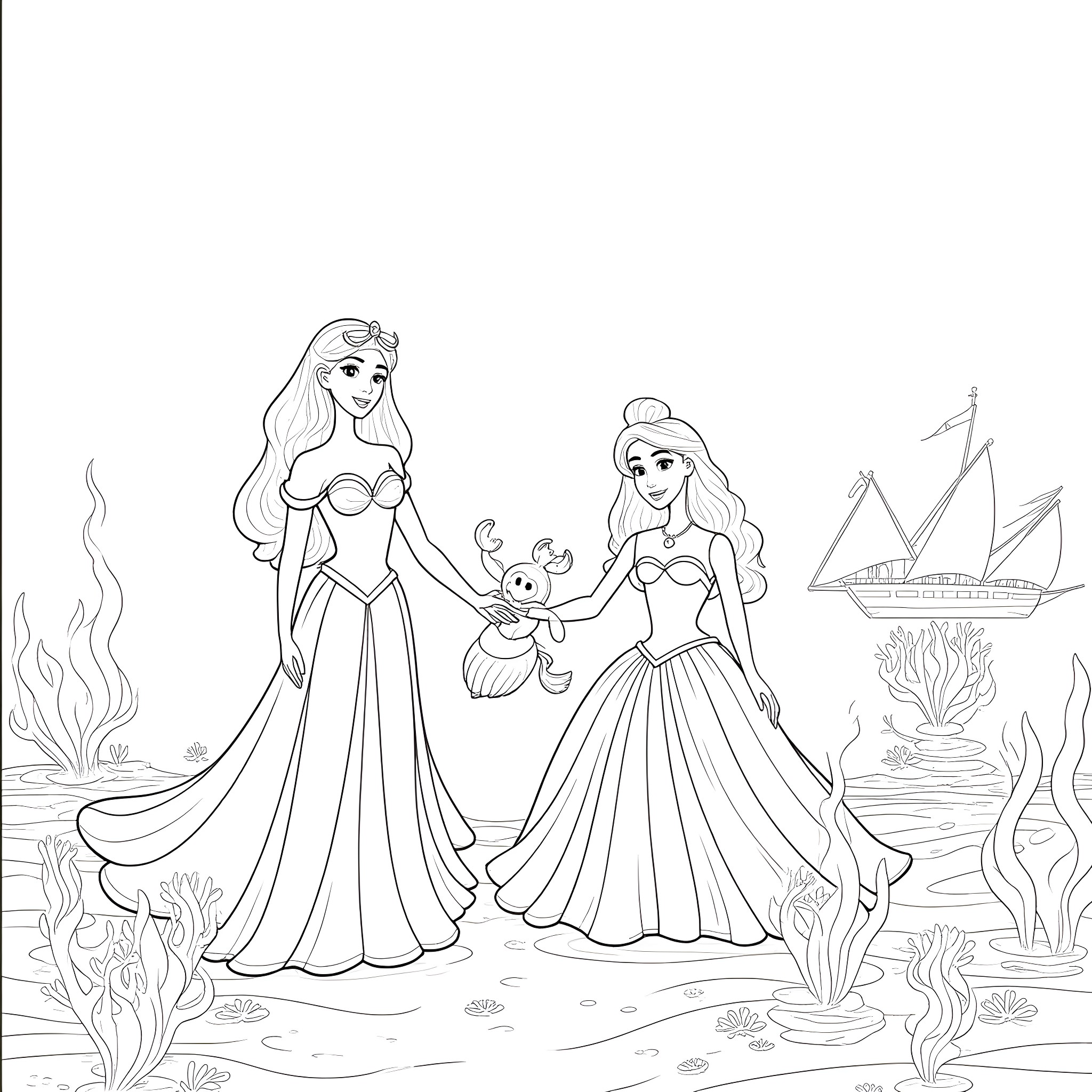 Princess Sisters Exploring the Underwater World Coloring Page (free black-and-white line drawing printable PDF for all, from beginners to advanced learners, including children, teens, adults, and seniors)