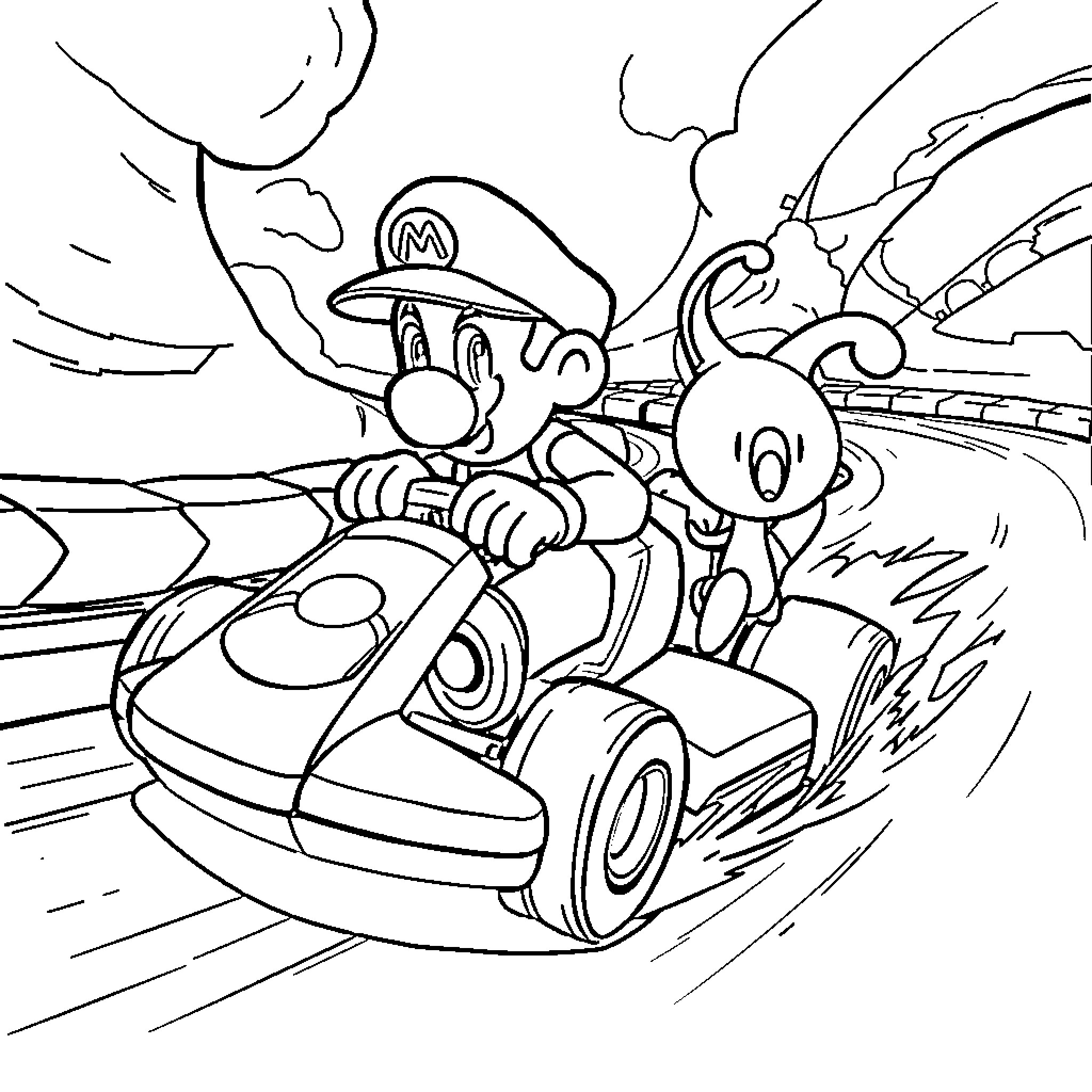 Olimar racing at high speed in his kart Coloring Page (free black-and-white line drawing printable PDF for all, from beginners to advanced learners, including children, teens, adults, and seniors)