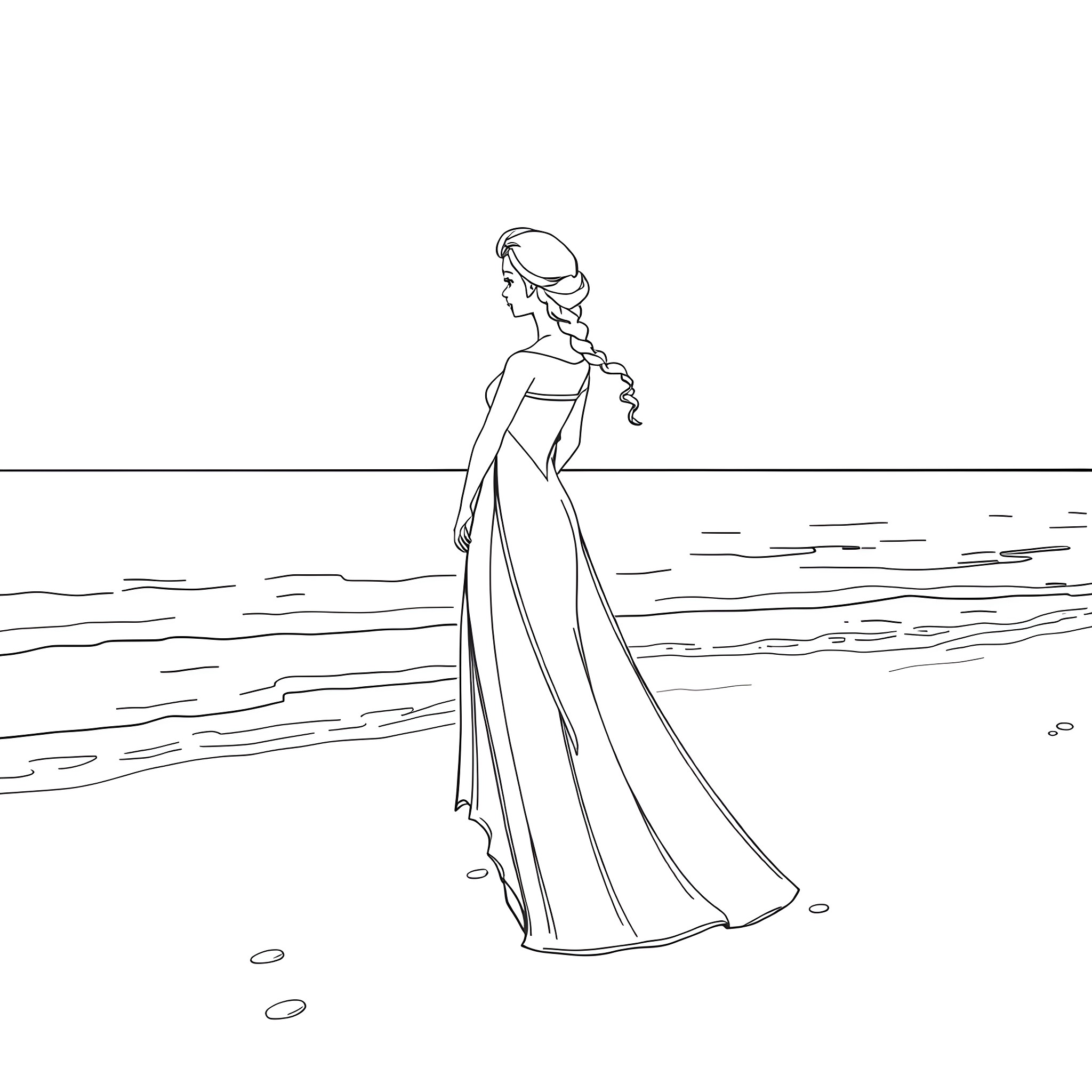 Princess Elsa gracefully walking by the sea Coloring Page (free black-and-white line drawing printable PDF for all, from beginners to advanced learners, including children, teens, adults, and seniors)