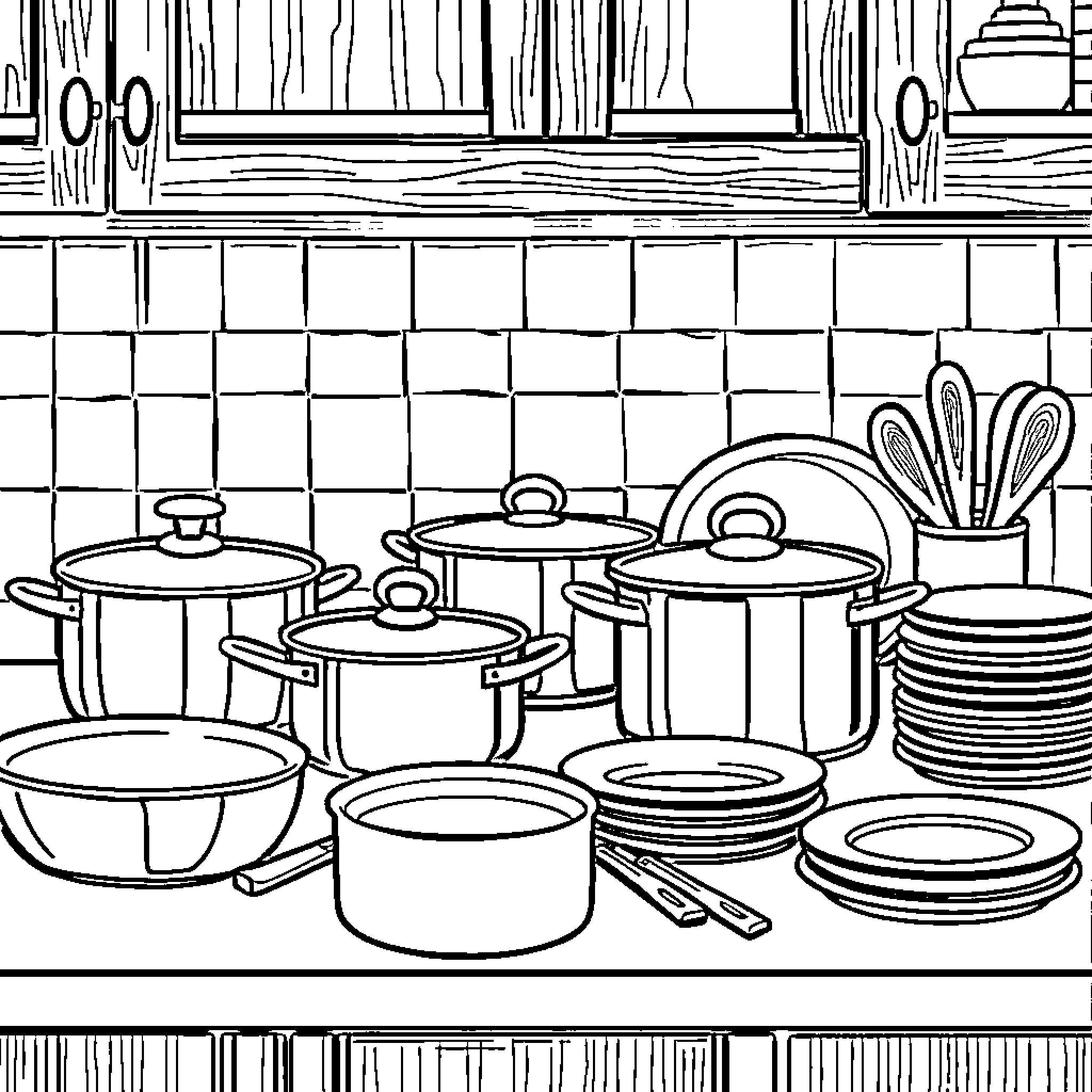 Kitchen Item Arrangement on Checkered Countertop Coloring Page (free black-and-white line drawing printable PDF for all, from beginners to advanced learners, including children, teens, adults, and seniors)