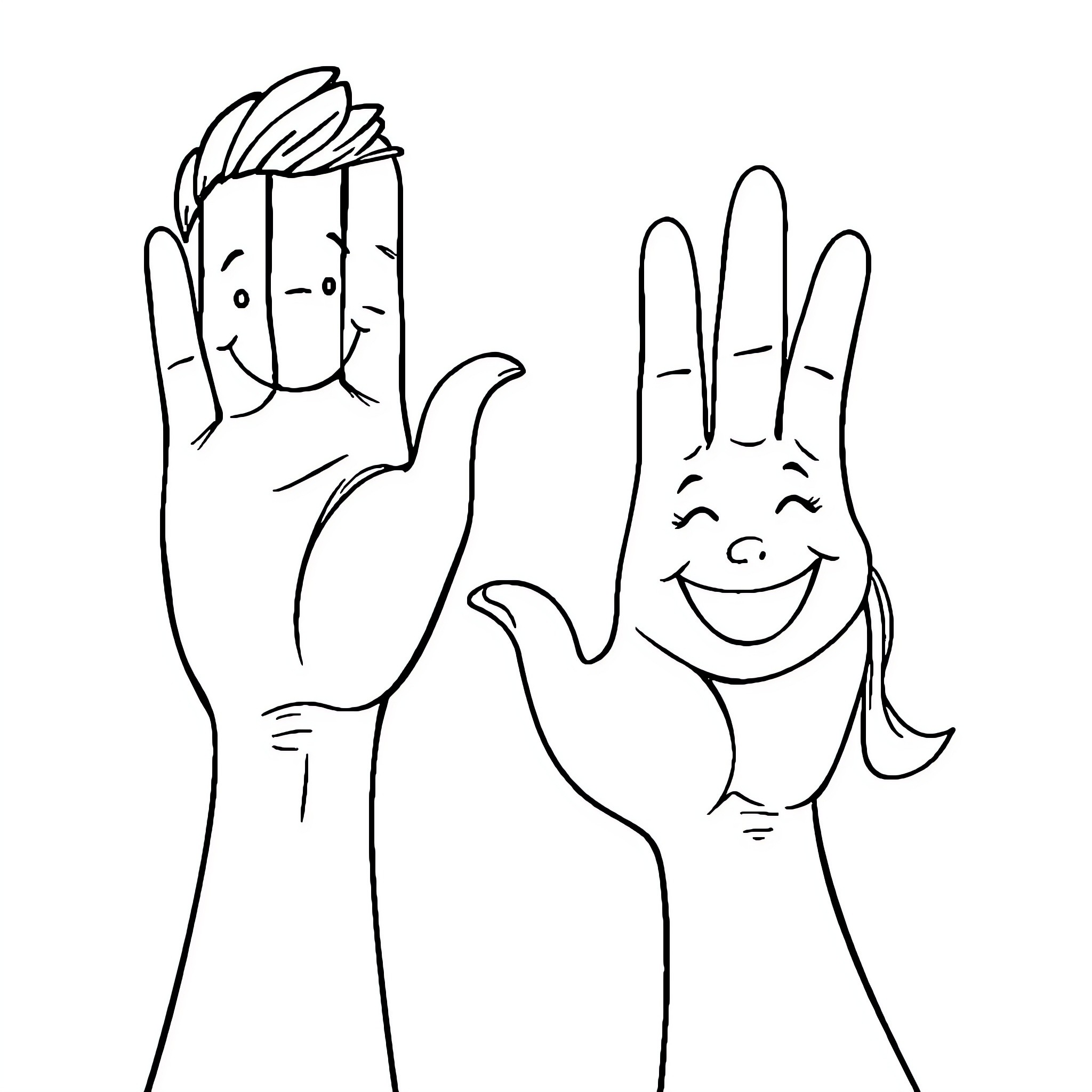 Hand gestures expressing happiness and positivity Coloring Page (free black-and-white line drawing printable PDF for all, from beginners to advanced learners, including children, teens, adults, and seniors)