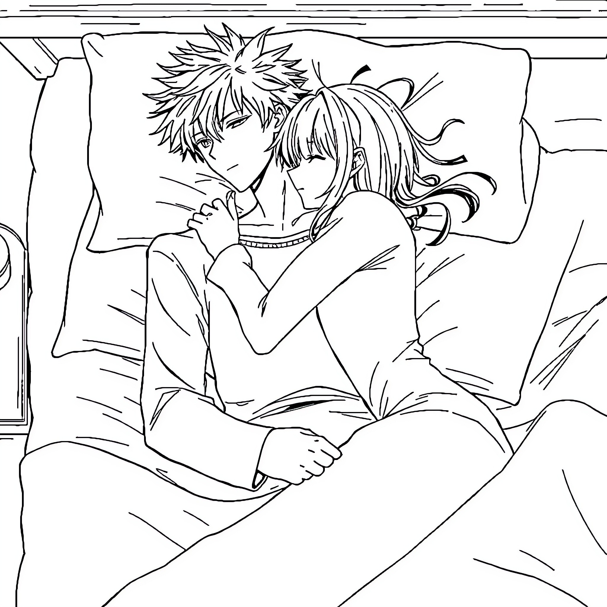 Eijiro Kirishima and his partner in tender embrace Coloring Page (free black-and-white line drawing printable PDF for all, from beginners to advanced learners, including children, teens, adults, and seniors)