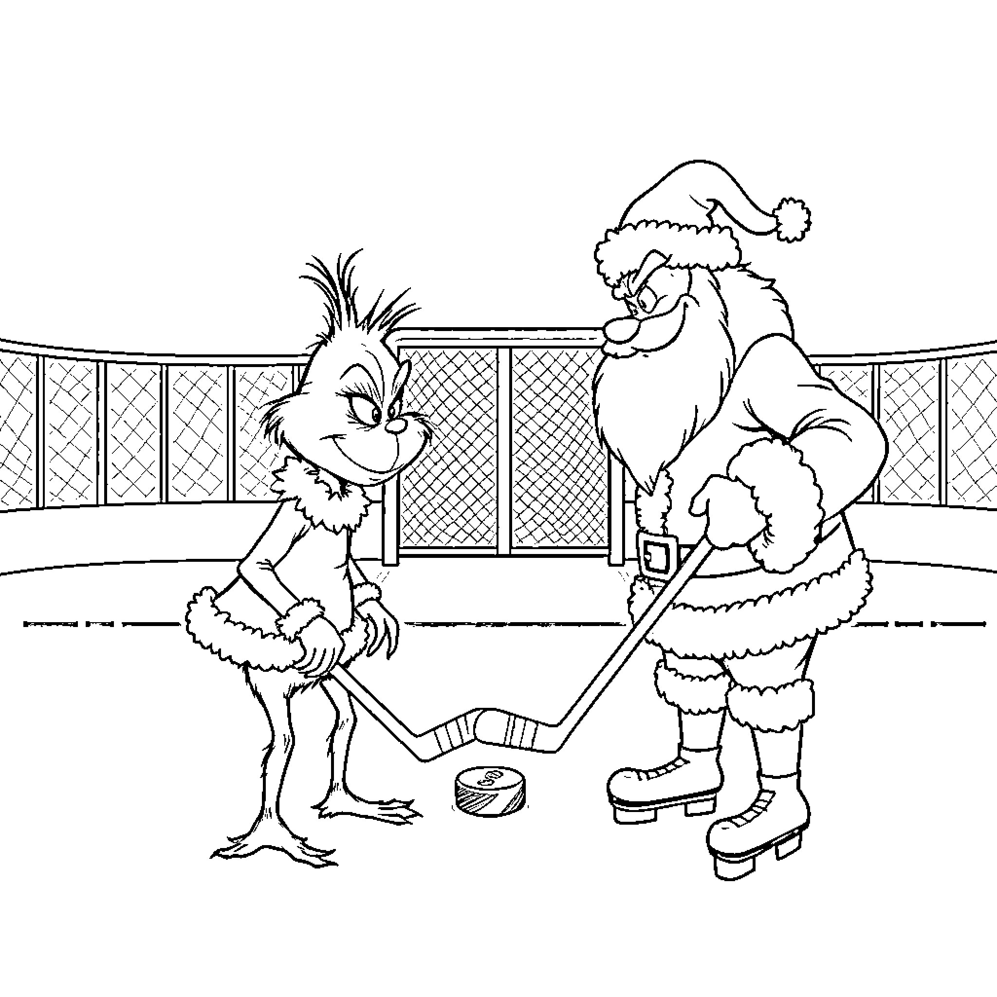 Grinch and Santa playing hockey on a snowy rink Coloring Page (free black-and-white line drawing printable PDF for all, from beginners to advanced learners, including children, teens, adults, and seniors)