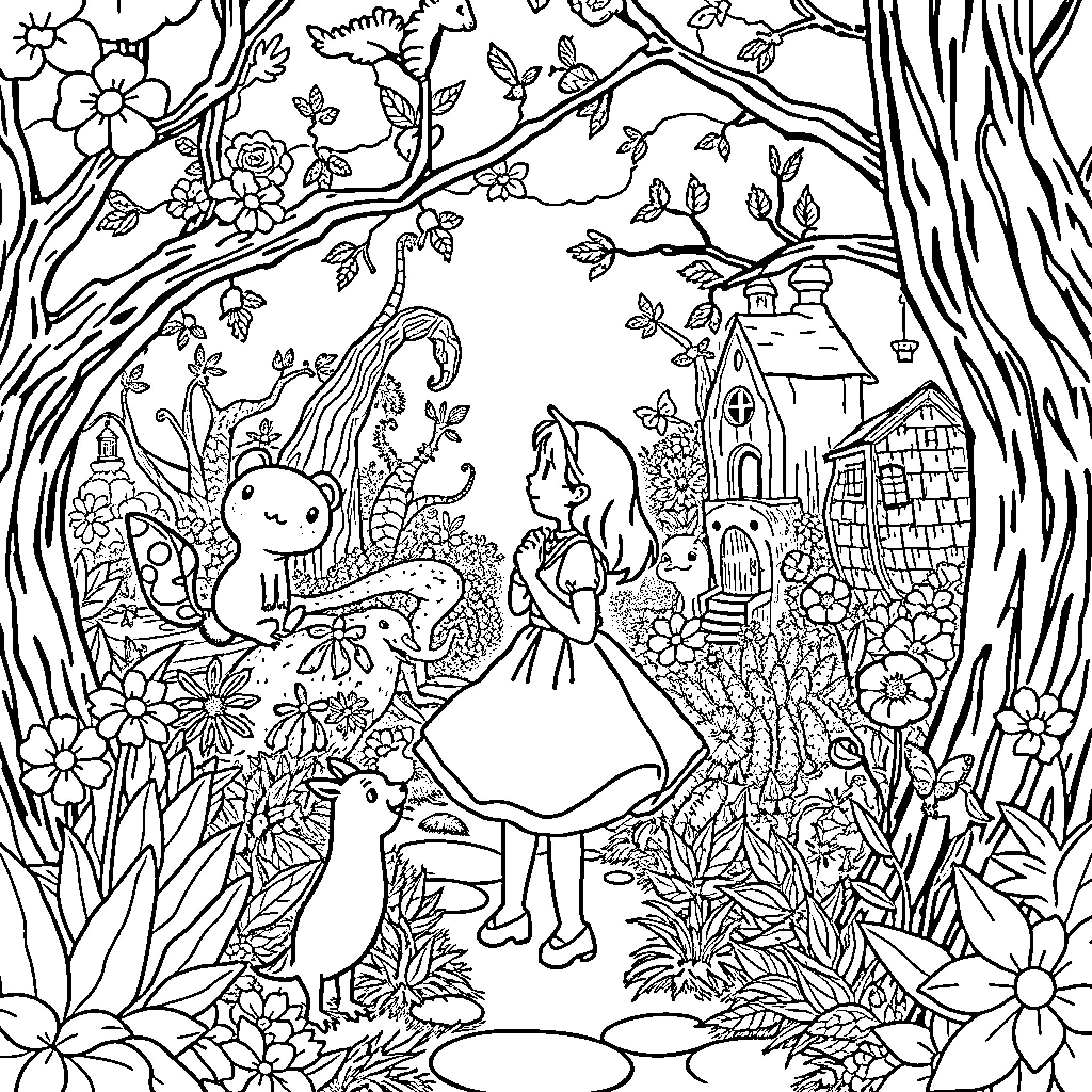 Alice's Whimsical Adventure in the Enchanted Garden Coloring Page (free black-and-white line drawing printable PDF for all, from beginners to advanced learners, including children, teens, adults, and seniors)
