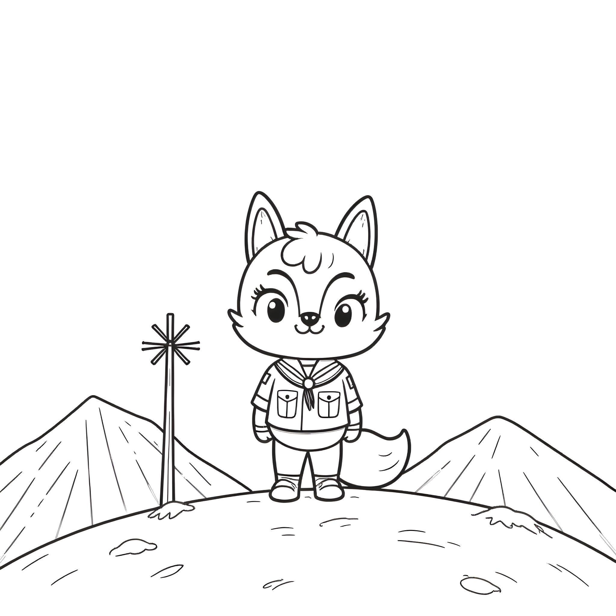 Fox Exploring the Mountainous Landscape Coloring Page (free black-and-white line drawing printable PDF for all, from beginners to advanced learners, including children, teens, adults, and seniors)