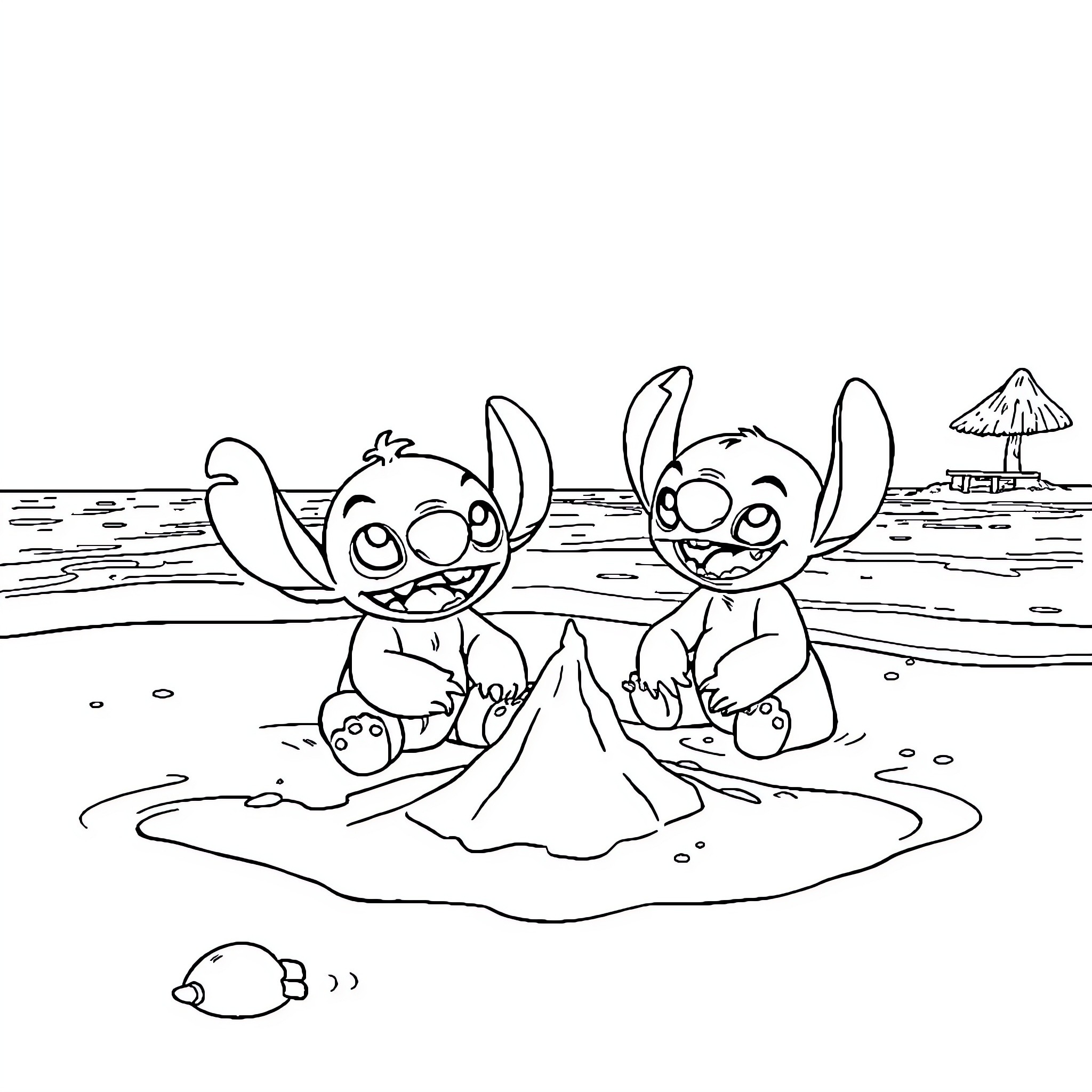 Lilo and Stitch playing happily on the beach Coloring Page (free black-and-white line drawing printable PDF for all, from beginners to advanced learners, including children, teens, adults, and seniors)
