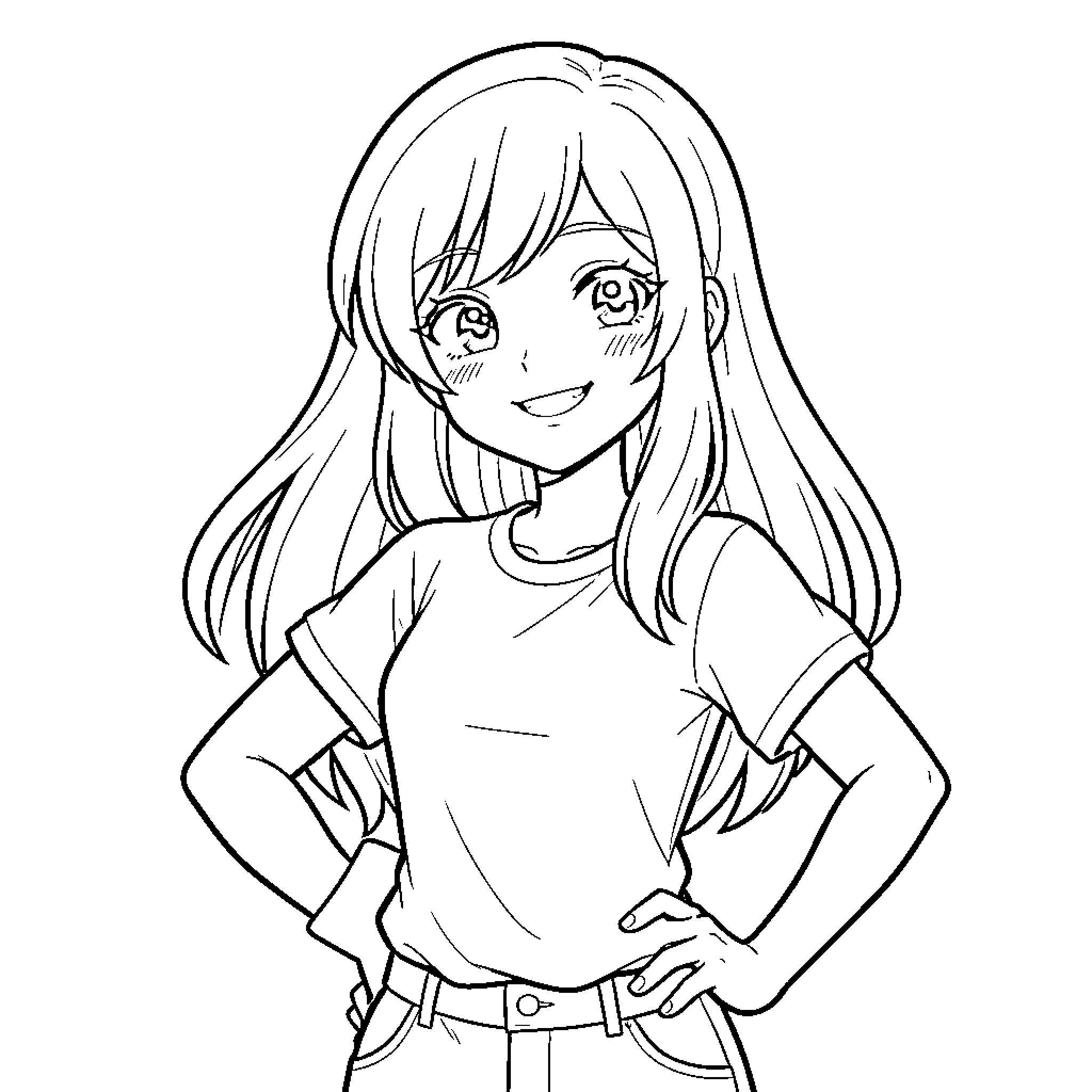 Anime Girl smiling with hands on hips Coloring Page (free black-and-white line drawing printable PDF for all, from beginners to advanced learners, including children, teens, adults, and seniors)