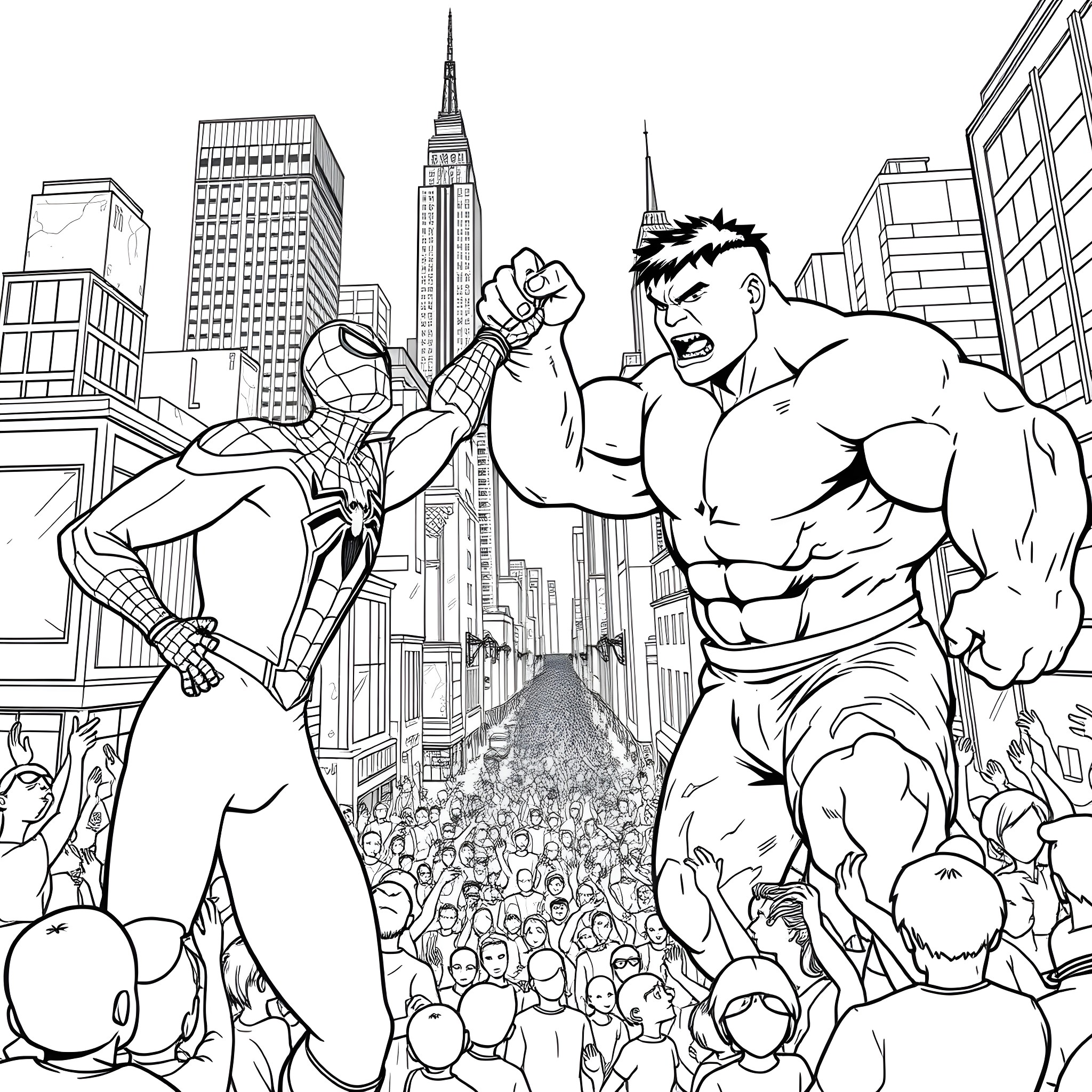 Spidey's Showdown with the Hulk in the City Coloring Page (free black-and-white line drawing printable PDF for all, from beginners to advanced learners, including children, teens, adults, and seniors)