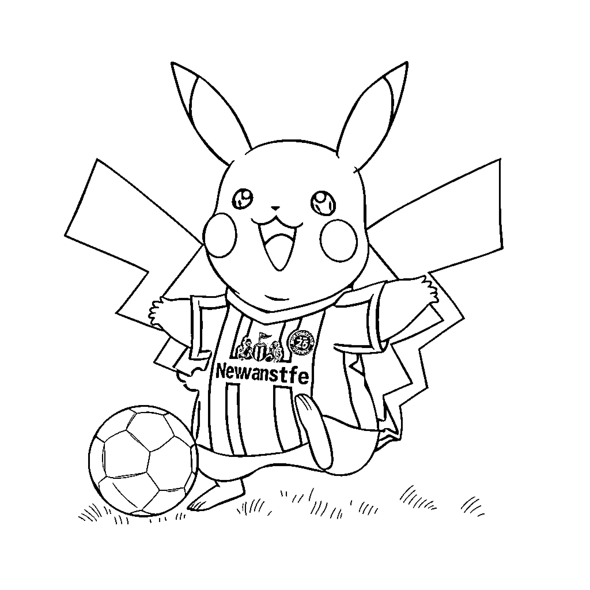 Pikachu playing football in uniform Coloring Page (free black-and-white line drawing printable PDF for all, from beginners to advanced learners, including children, teens, adults, and seniors)