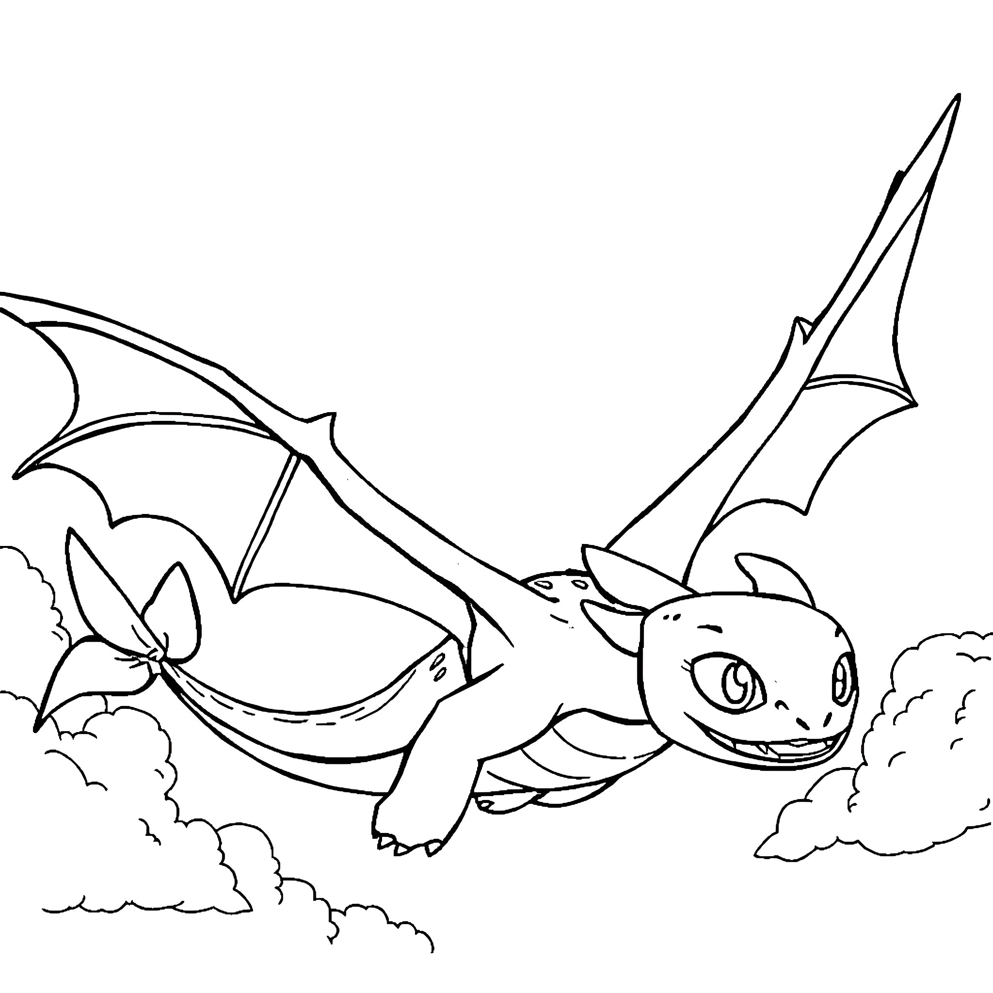 Dragon flying gracefully through the clouds Coloring Page (free black-and-white line drawing printable PDF for all, from beginners to advanced learners, including children, teens, adults, and seniors)