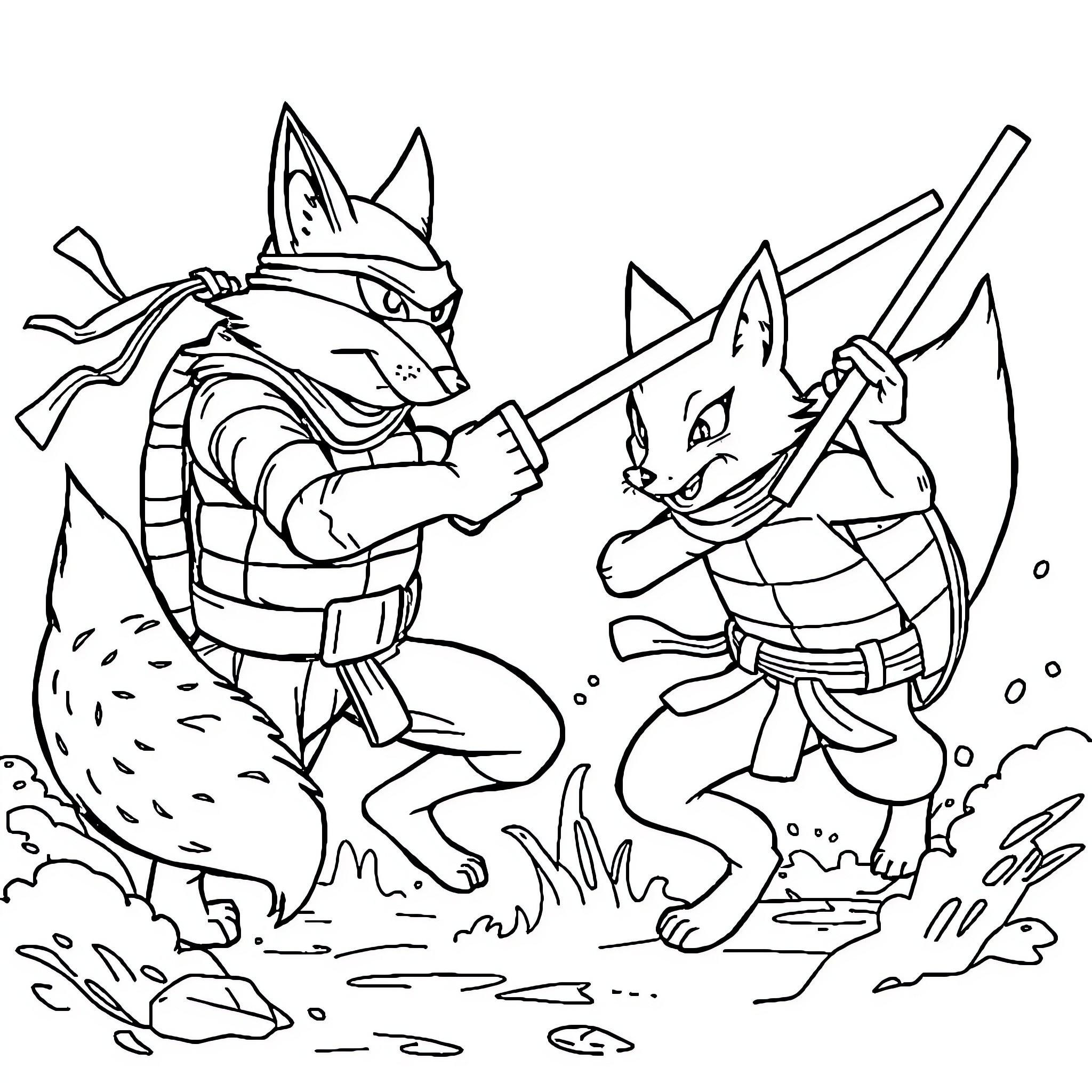 Fox warriors engaged in fierce combat Coloring Page (free black-and-white line drawing printable PDF for all, from beginners to advanced learners, including children, teens, adults, and seniors)