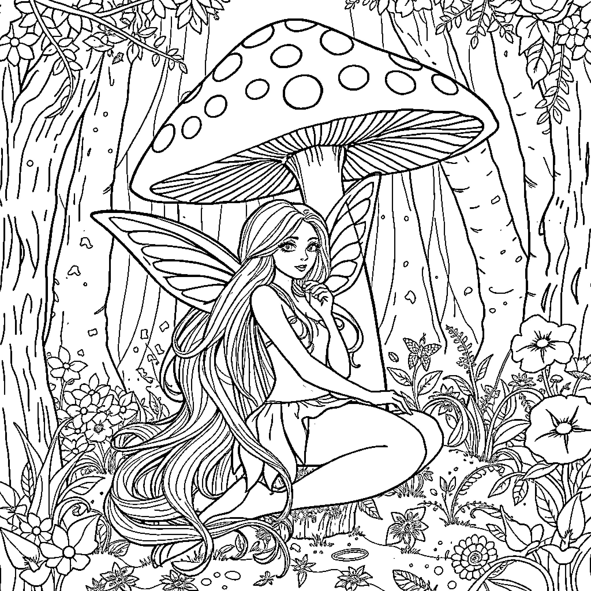 Fairy exploring the enchanting forest Coloring Page (free black-and-white line drawing printable PDF for all, from beginners to advanced learners, including children, teens, adults, and seniors)