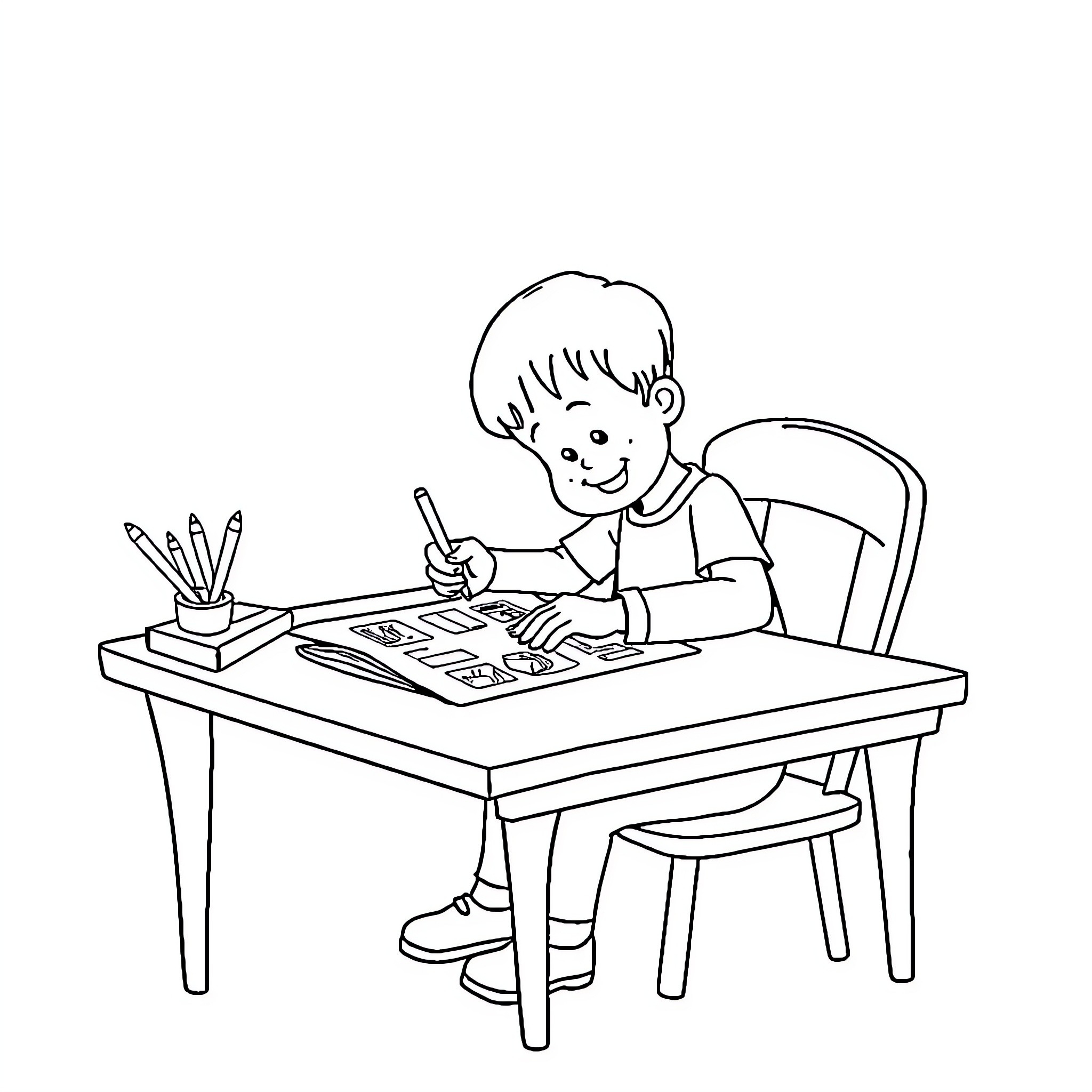 Child diligently working on desk Coloring Page (free black-and-white line drawing printable PDF for all, from beginners to advanced learners, including children, teens, adults, and seniors)