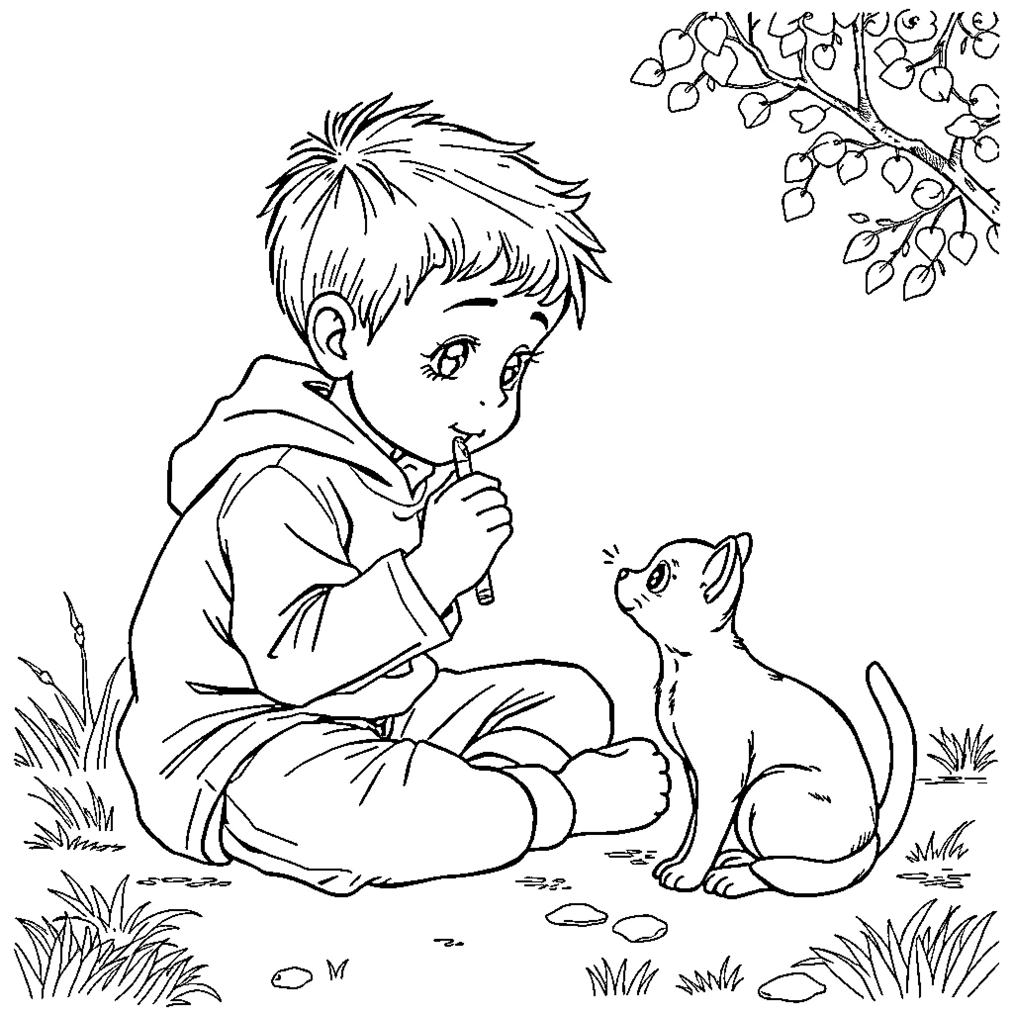 Boy interacting with a pet cat in a serene outdoor setting Coloring Page (free black-and-white line drawing printable PDF for all, from beginners to advanced learners, including children, teens, adults, and seniors)