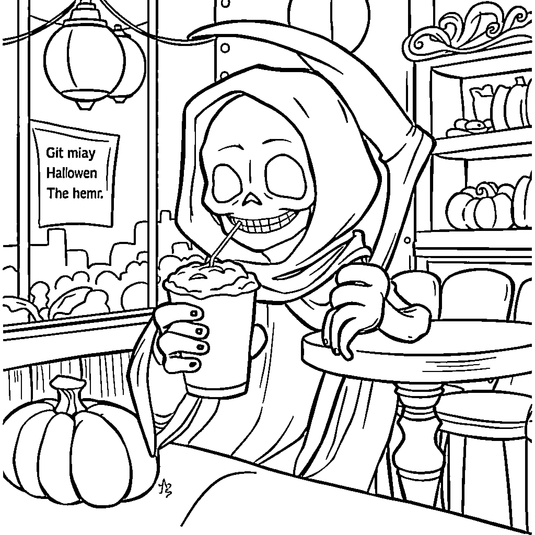 Grim Reaper enjoying a tasty treat at a Halloween party Coloring Page (free black-and-white line drawing printable PDF for all, from beginners to advanced learners, including children, teens, adults, and seniors)