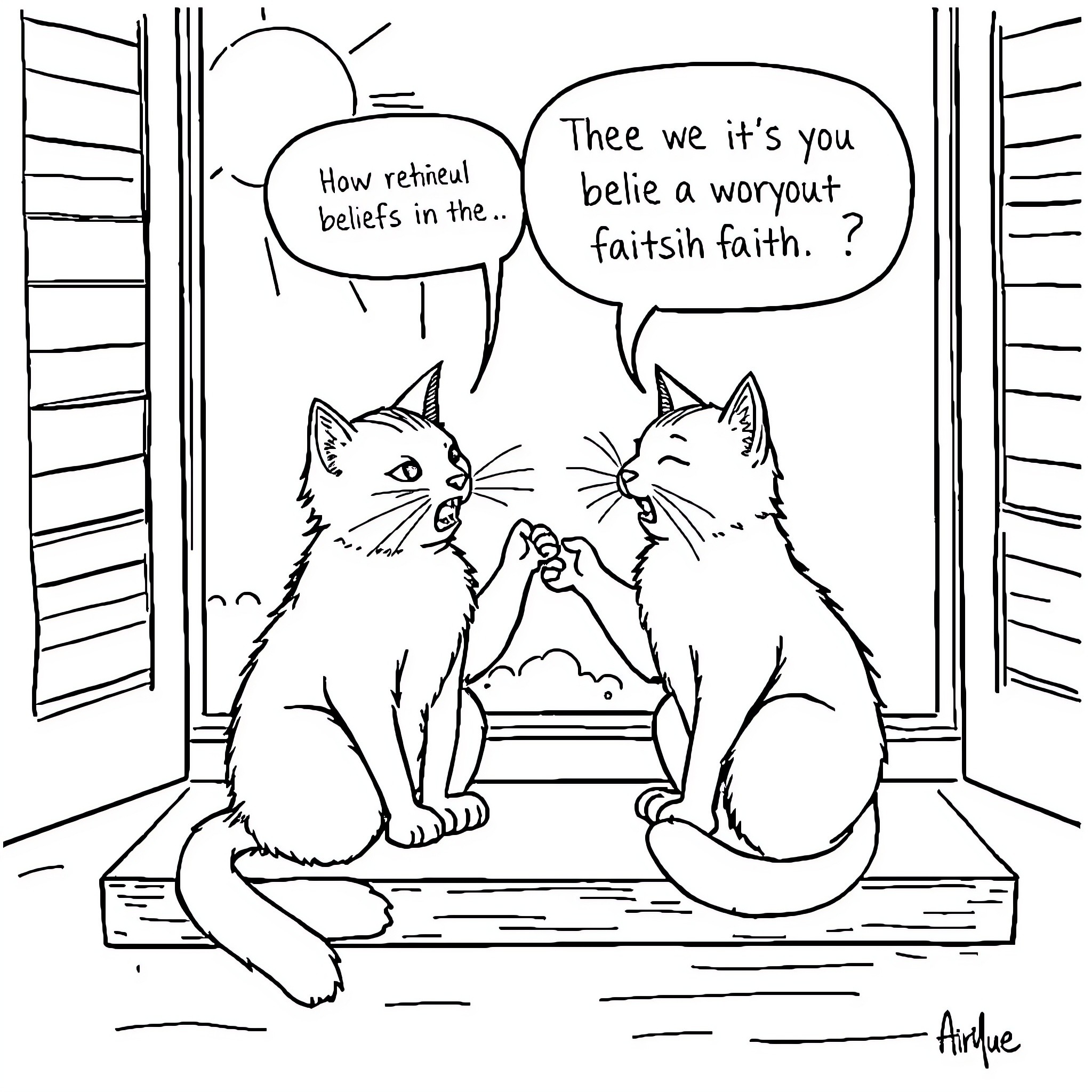 Cats discussing a workout in faith Coloring Page (free black-and-white line drawing printable PDF for all, from beginners to advanced learners, including children, teens, adults, and seniors)