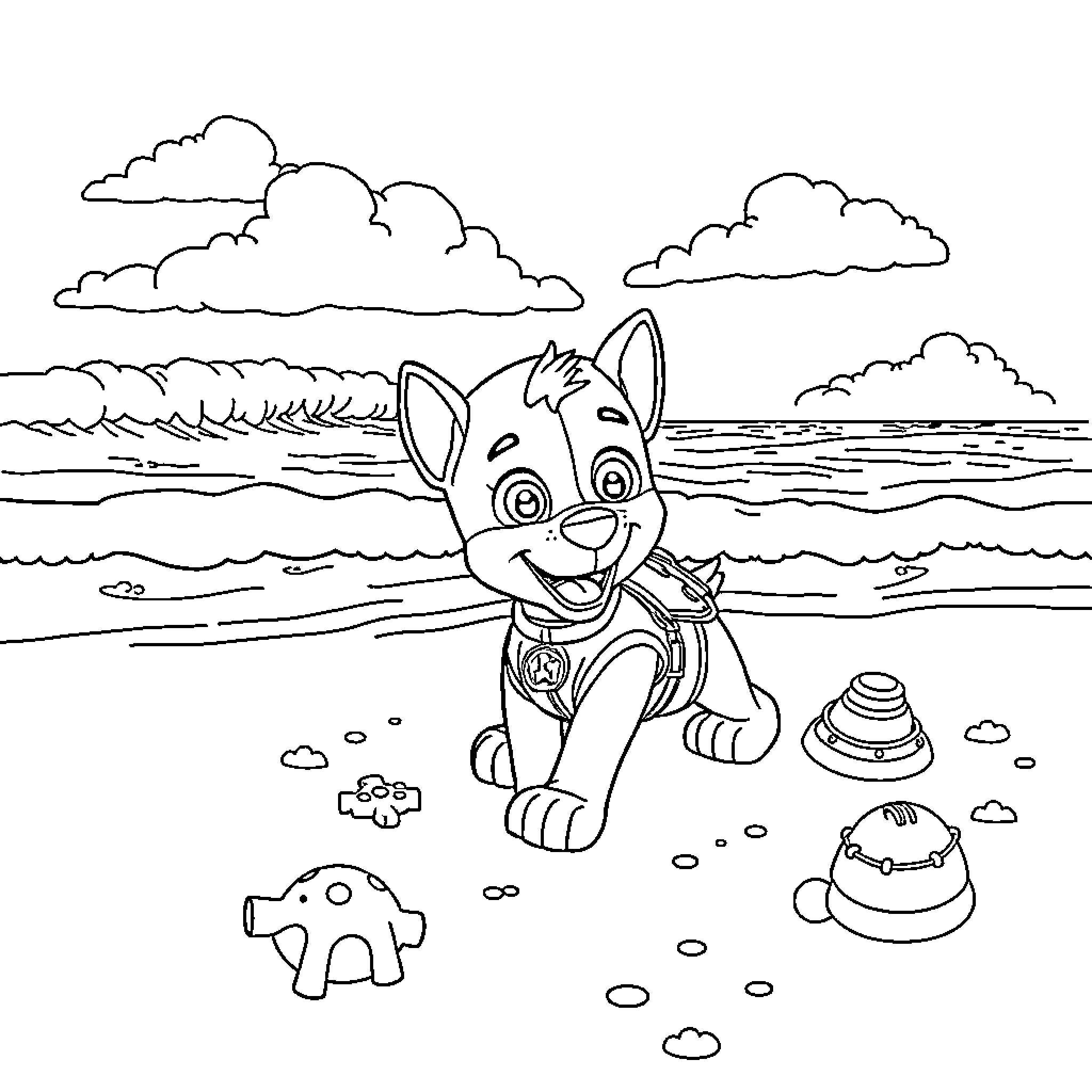 Paw Patrol puppy playing by the beach Coloring Page (free black-and-white line drawing printable PDF for all, from beginners to advanced learners, including children, teens, adults, and seniors)