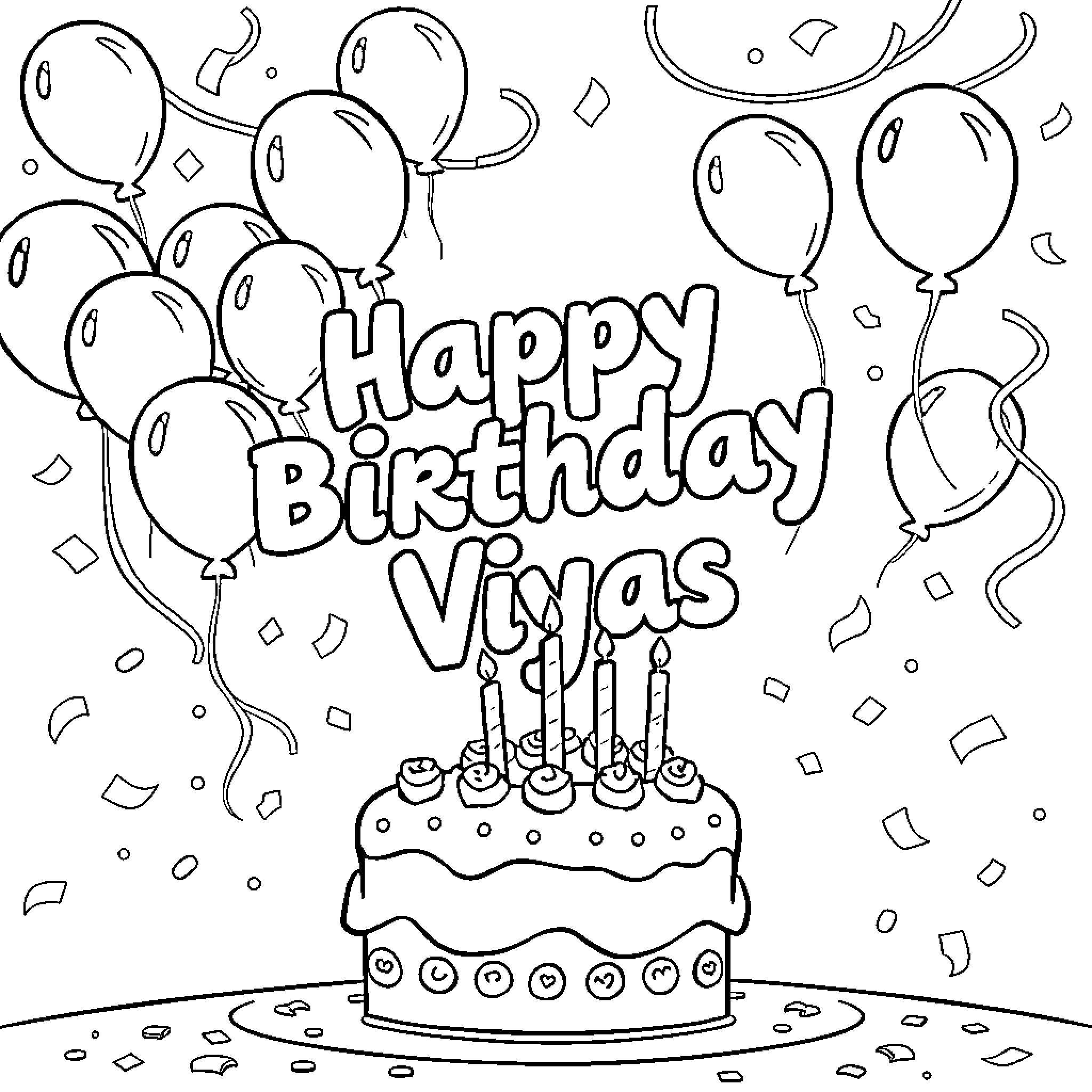 Birthday celebration with balloons and cake Coloring Page (free black-and-white line drawing printable PDF for all, from beginners to advanced learners, including children, teens, adults, and seniors)