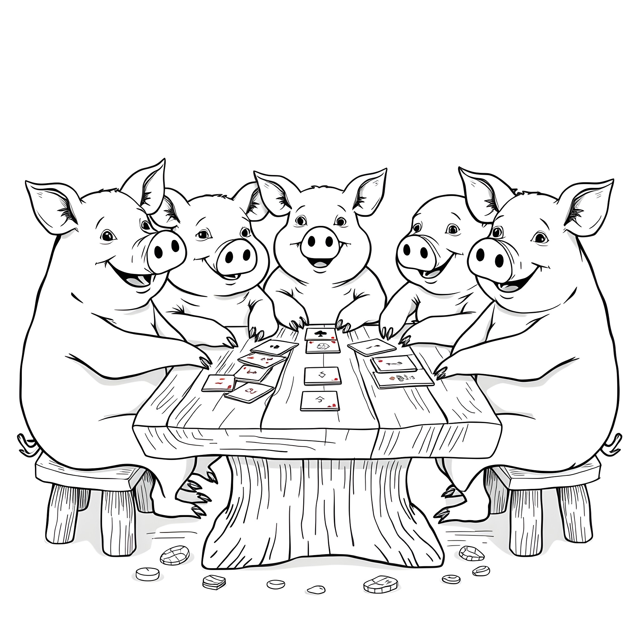 Pigs playing cards on a wooden table Coloring Page (free black-and-white line drawing printable PDF for all, from beginners to advanced learners, including children, teens, adults, and seniors)
