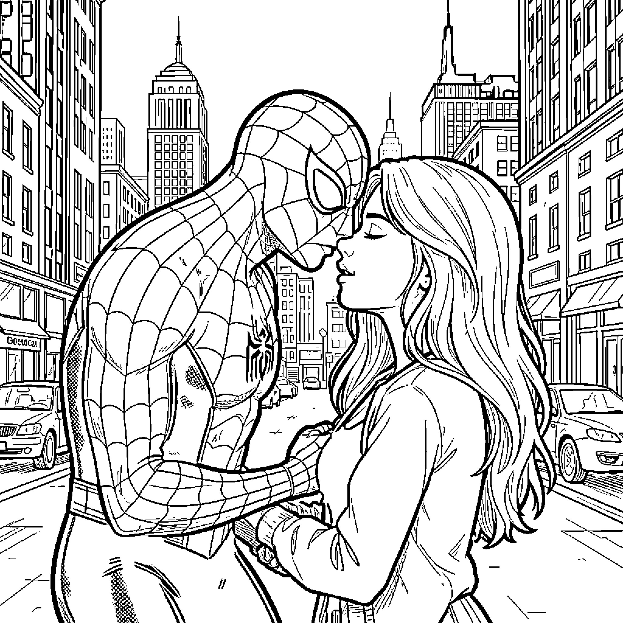 Spiderman leaning in for a romantic kiss Coloring Page (free black-and-white line drawing printable PDF for all, from beginners to advanced learners, including children, teens, adults, and seniors)