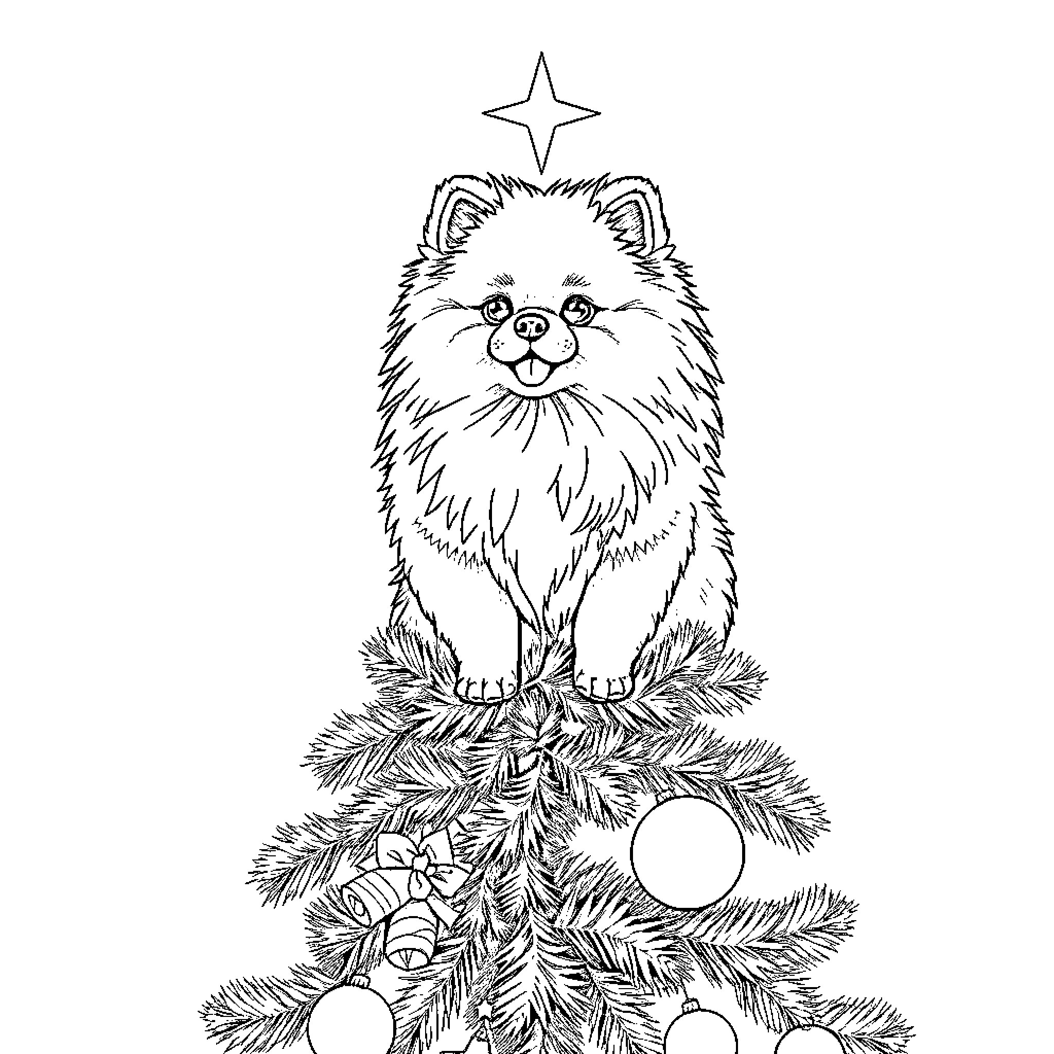 Pomeranian sitting on a festive Christmas tree Coloring Page (free black-and-white line drawing printable PDF for all, from beginners to advanced learners, including children, teens, adults, and seniors)