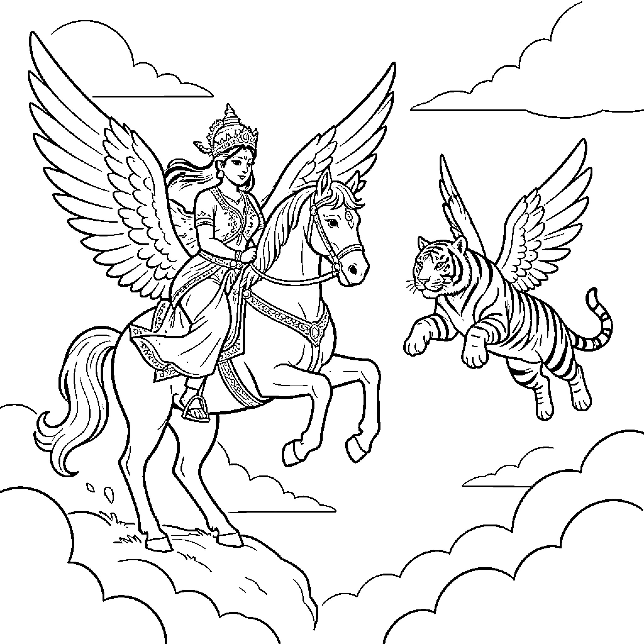 Jasmine riding a winged horse chasing a winged tiger Coloring Page (free black-and-white line drawing printable PDF for all, from beginners to advanced learners, including children, teens, adults, and seniors)