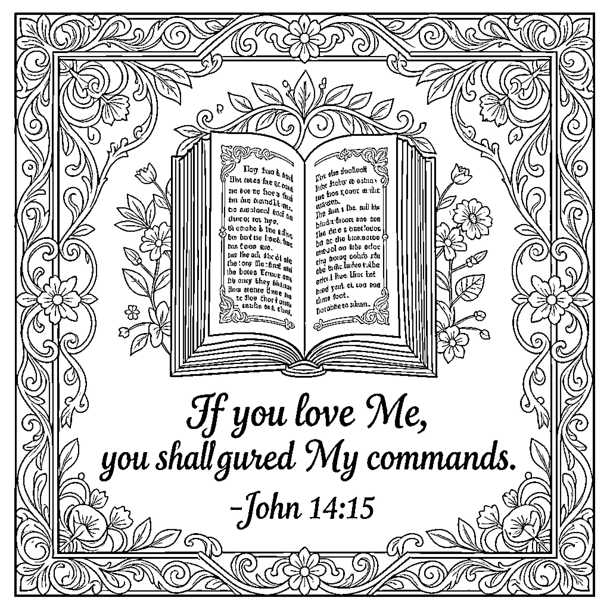 Bible verse with floral ornamental frame Coloring Page (free black-and-white line drawing printable PDF for all, from beginners to advanced learners, including children, teens, adults, and seniors)