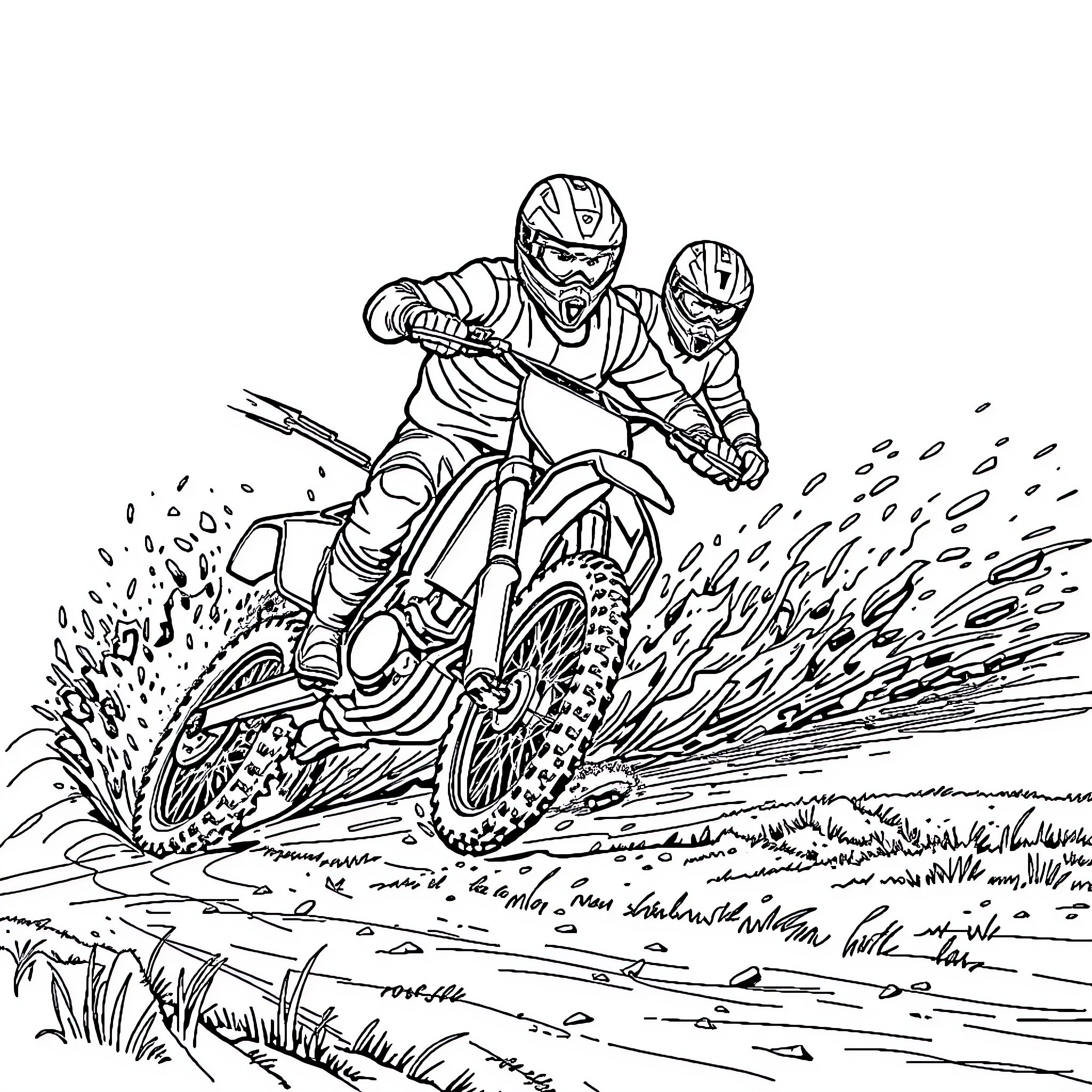 Dirt Bike Riders Tackling Rugged Terrain Coloring Page (free black-and-white line drawing printable PDF for all, from beginners to advanced learners, including children, teens, adults, and seniors)