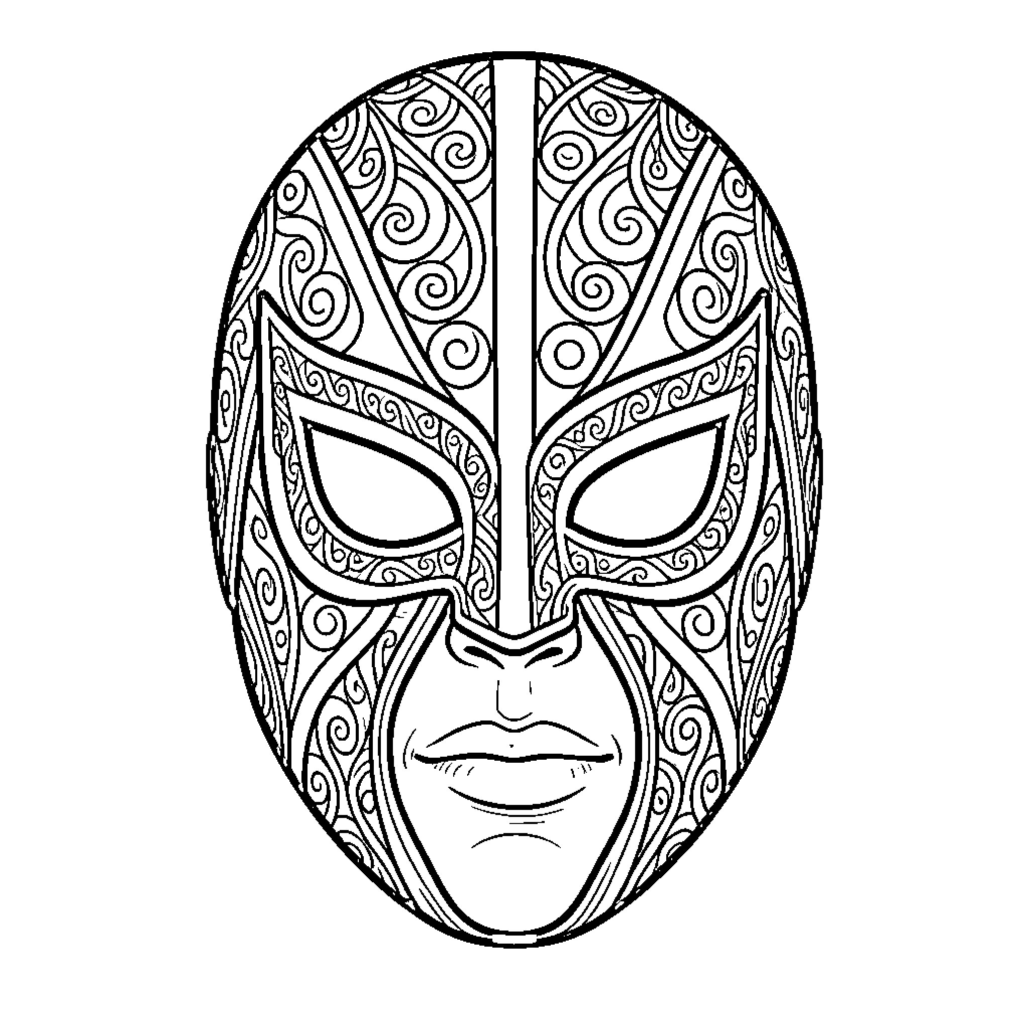 Wrestler Mask with intricate swirling patterns Coloring Page (free black-and-white line drawing printable PDF for all, from beginners to advanced learners, including children, teens, adults, and seniors)