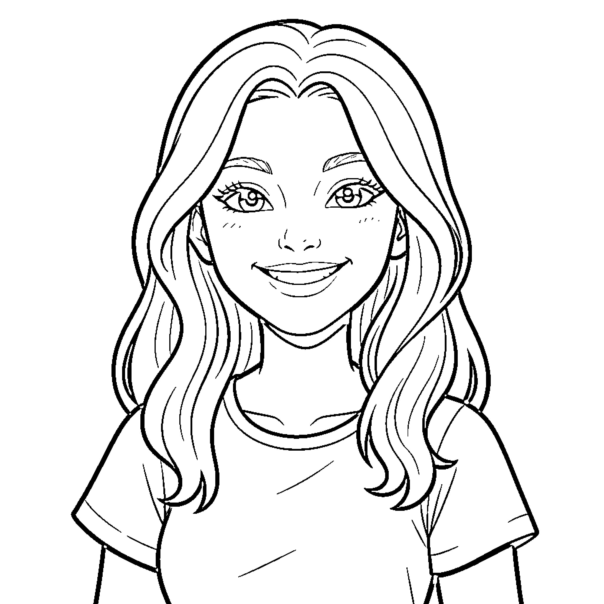 Girl smiling warmly with long wavy hair Coloring Page (free black-and-white line drawing printable PDF for all, from beginners to advanced learners, including children, teens, adults, and seniors)