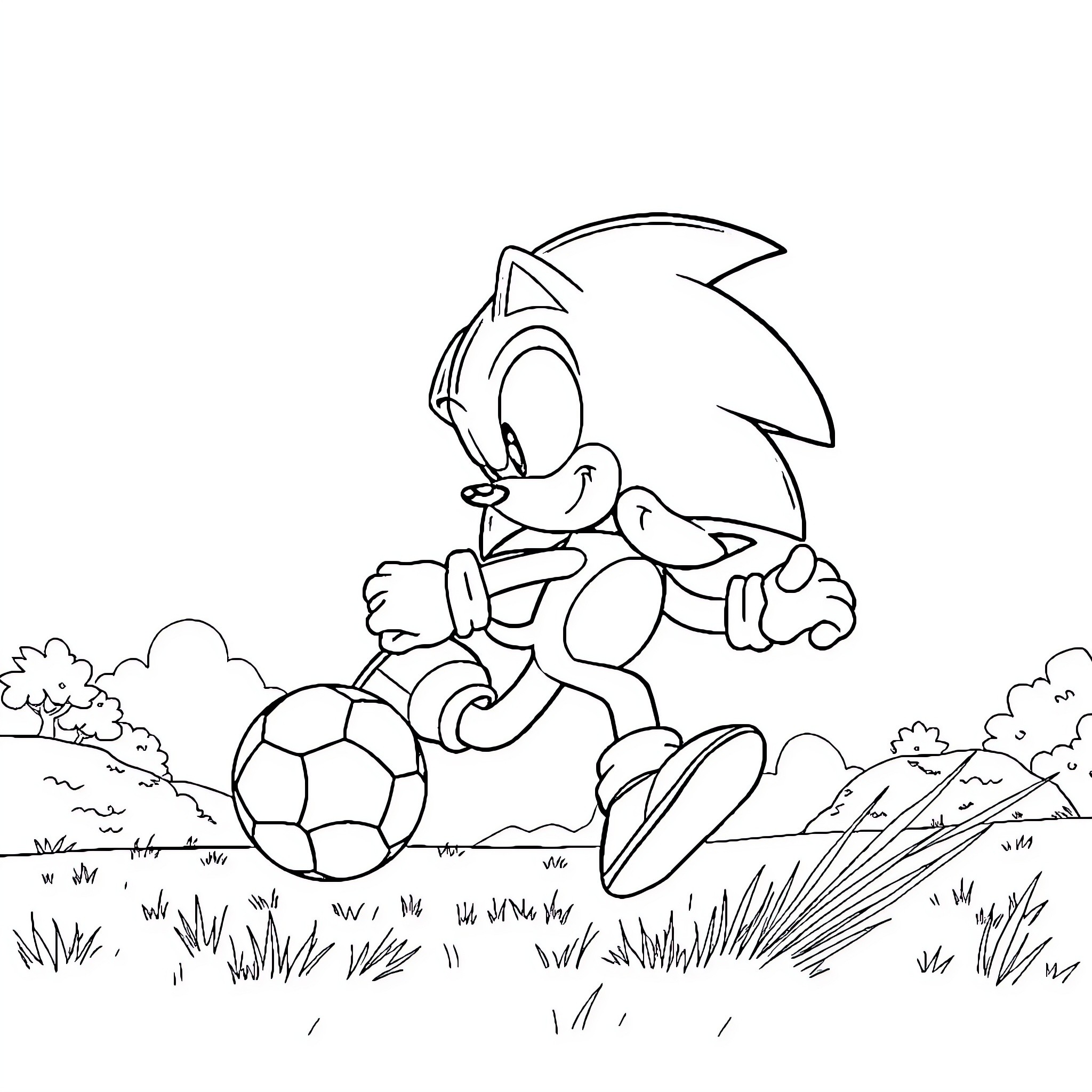 Sonic playing with a soccer ball on a grassy field Coloring Page (free black-and-white line drawing printable PDF for all, from beginners to advanced learners, including children, teens, adults, and seniors)