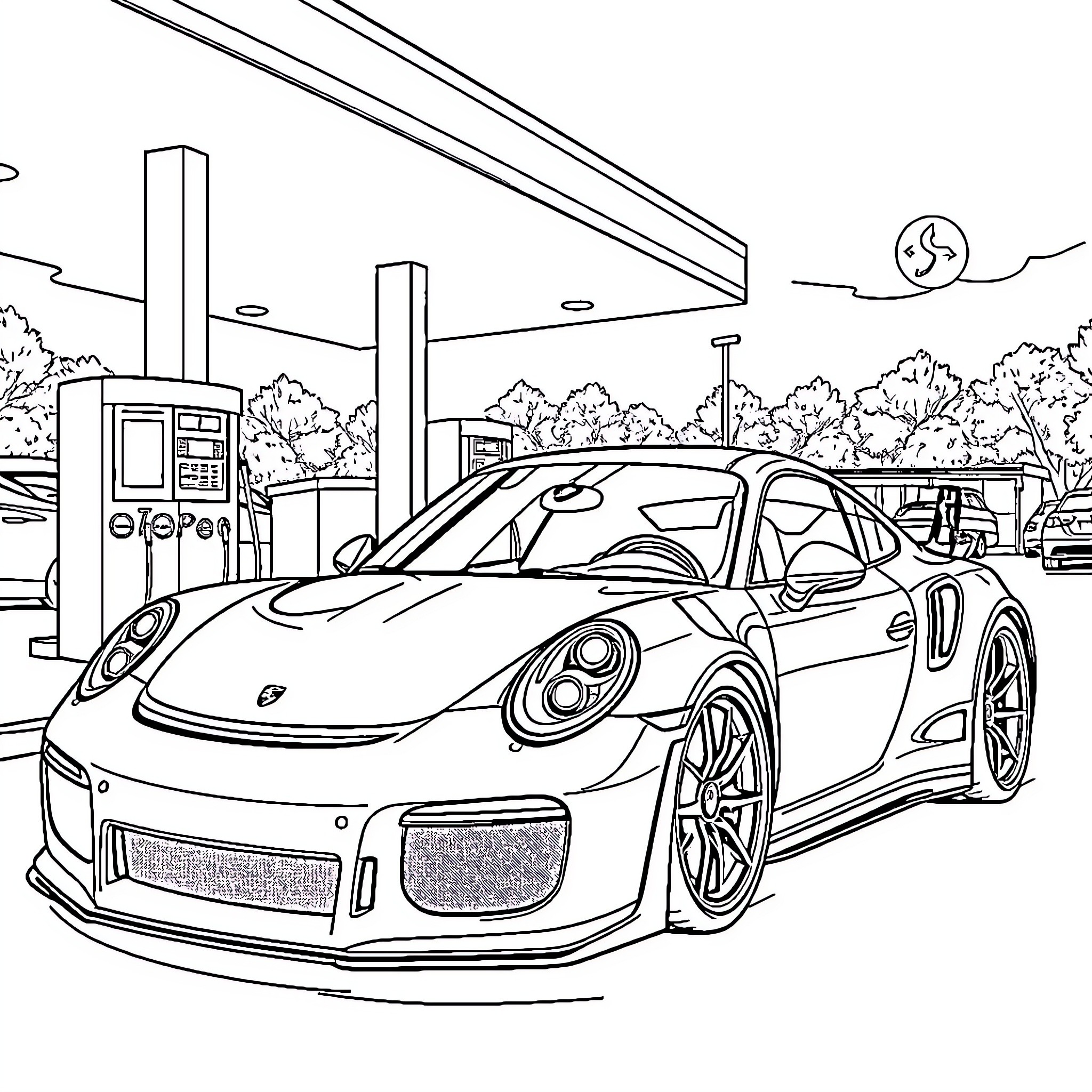 Porsche sports car at the gas station Coloring Page (free black-and-white line drawing printable PDF for all, from beginners to advanced learners, including children, teens, adults, and seniors)