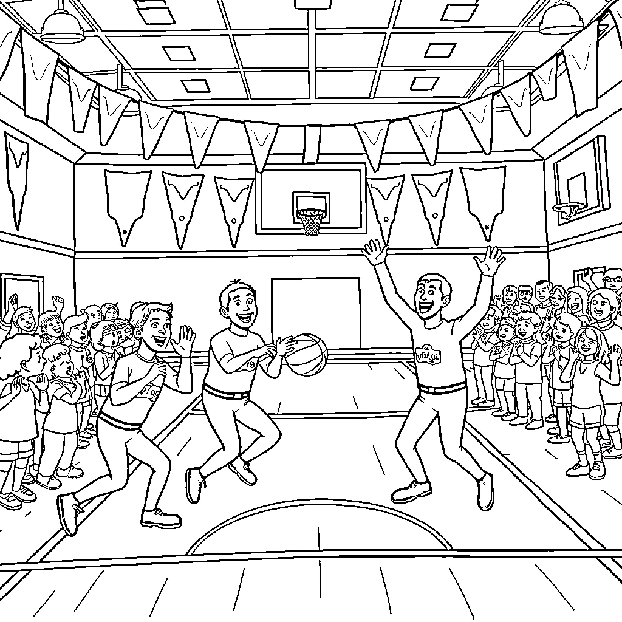 Wiggle and Jump in the Basketball Court Coloring Page (free black-and-white line drawing printable PDF for all, from beginners to advanced learners, including children, teens, adults, and seniors)