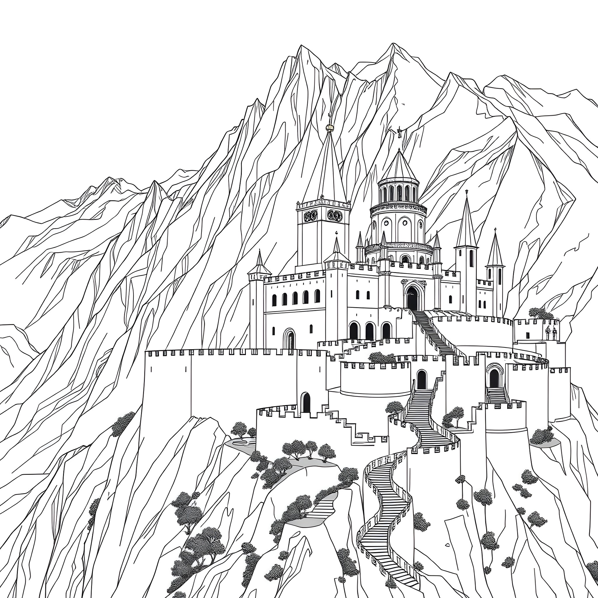 Minis Tirith - Majestic Castle Amidst Towering Mountains Coloring Page (free black-and-white line drawing printable PDF for all, from beginners to advanced learners, including children, teens, adults, and seniors)